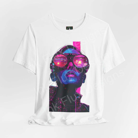 Cyberpunk graphic tee featuring a vibrant neon head with sunglasses, ethically made by Bella+Canvas, perfect for style and comfort.