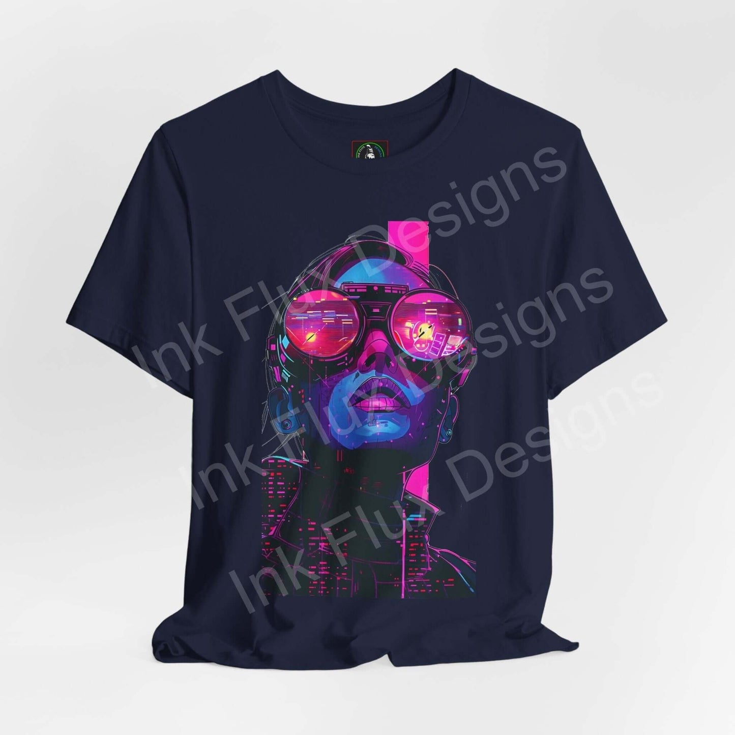 Cyberpunk-inspired graphic tee featuring a vibrant digital face design on a dark blue unisex T-shirt, perfect for contemporary style enthusiasts.