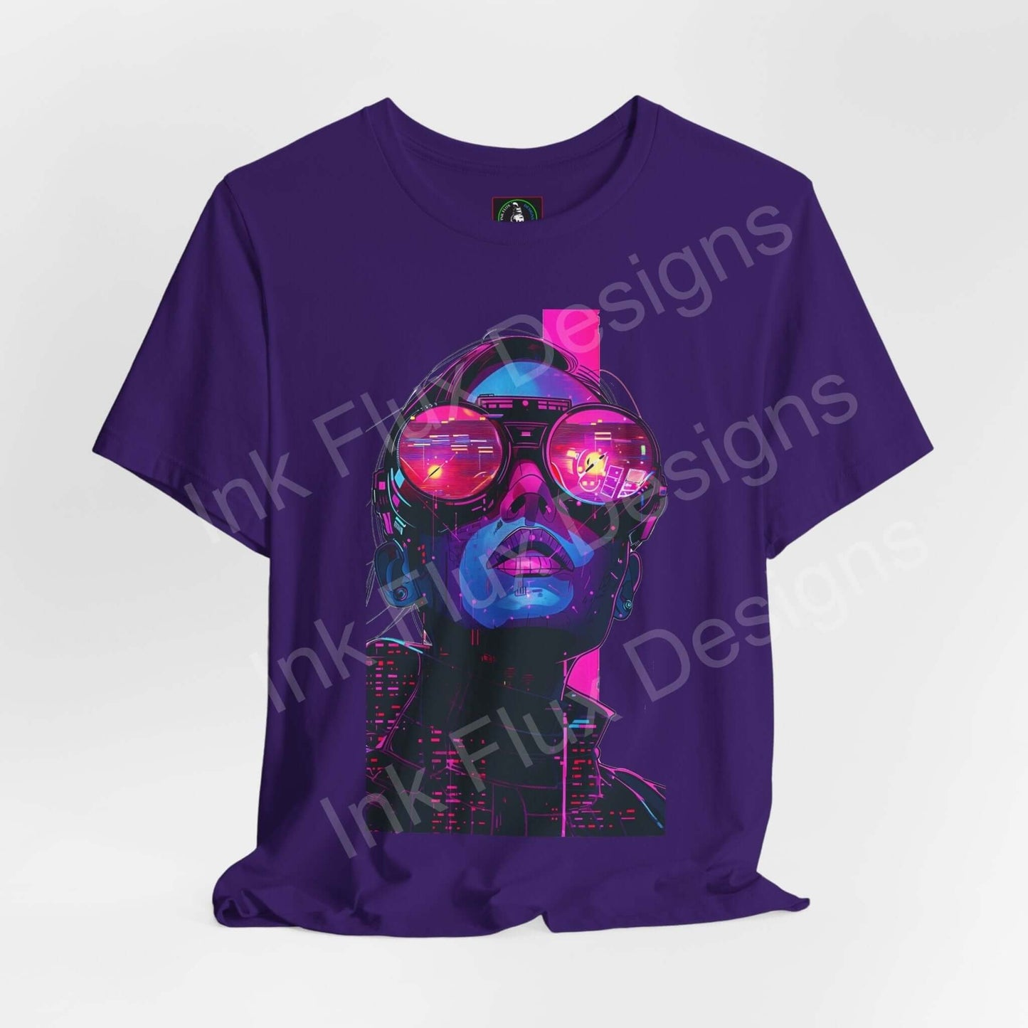 Cyberpunk-style graphic tee featuring vibrant neon woman's face design on purple unisex T-shirt by Bella+Canvas