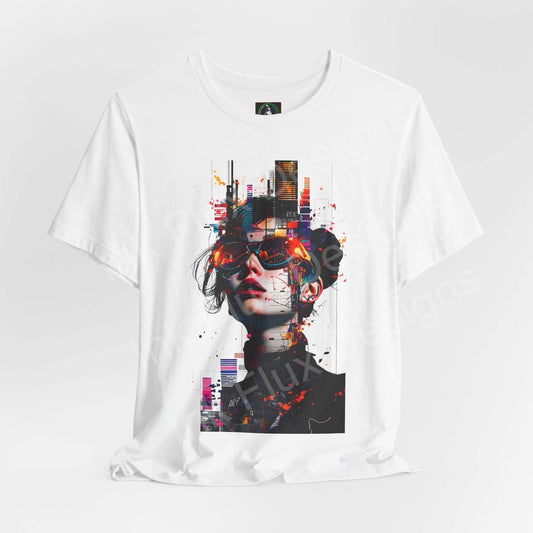 White unisex jersey T-shirt featuring a cyberpunk graphic design with vibrant cityscape and character in sunglasses.