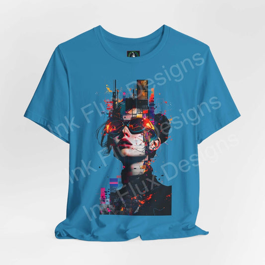 Cyberpunk graphic tee with vibrant digital face design on a blue unisex T-shirt from Bella+Canvas, highlighting modern style and comfort.