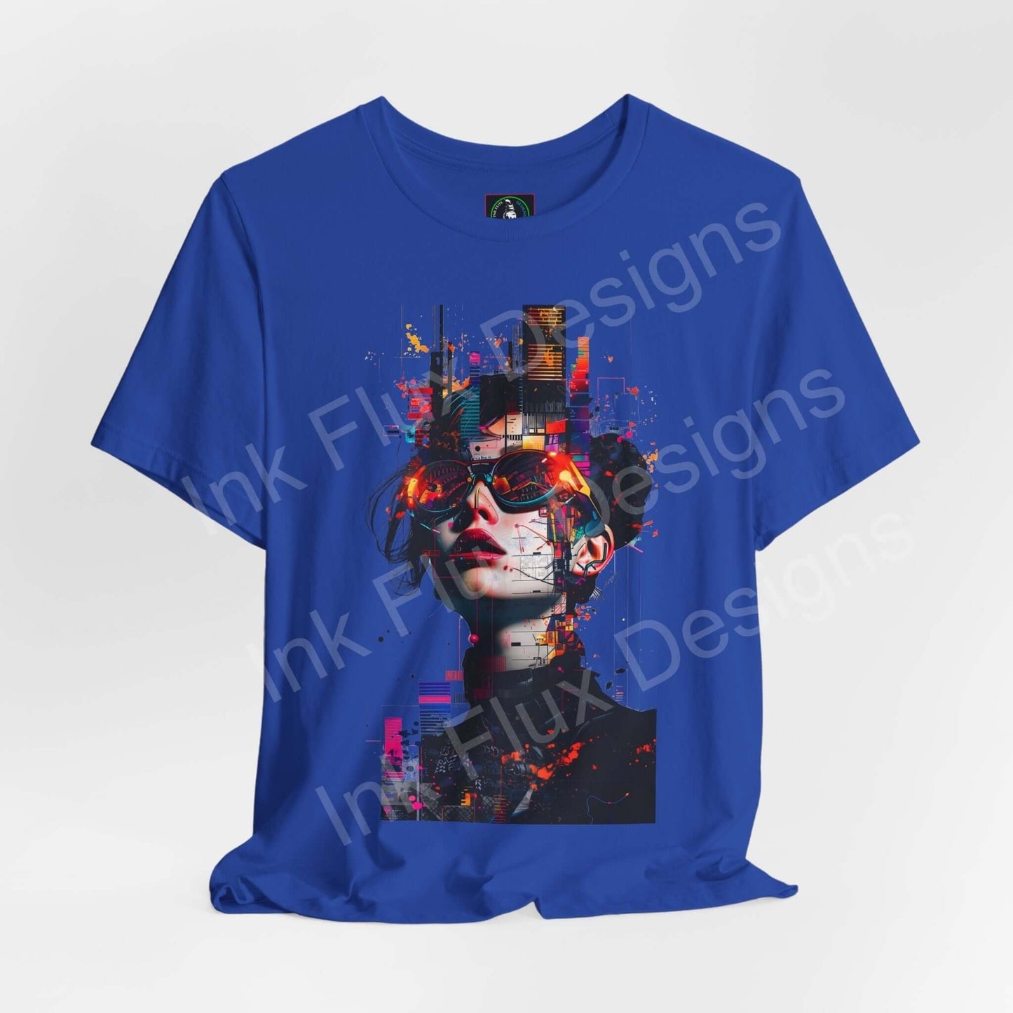 Cyberpunk inspired graphic tee in blue, featuring an intricate digital face design with vivid colors and abstract elements, perfect for tees collectors and style enthusiasts.