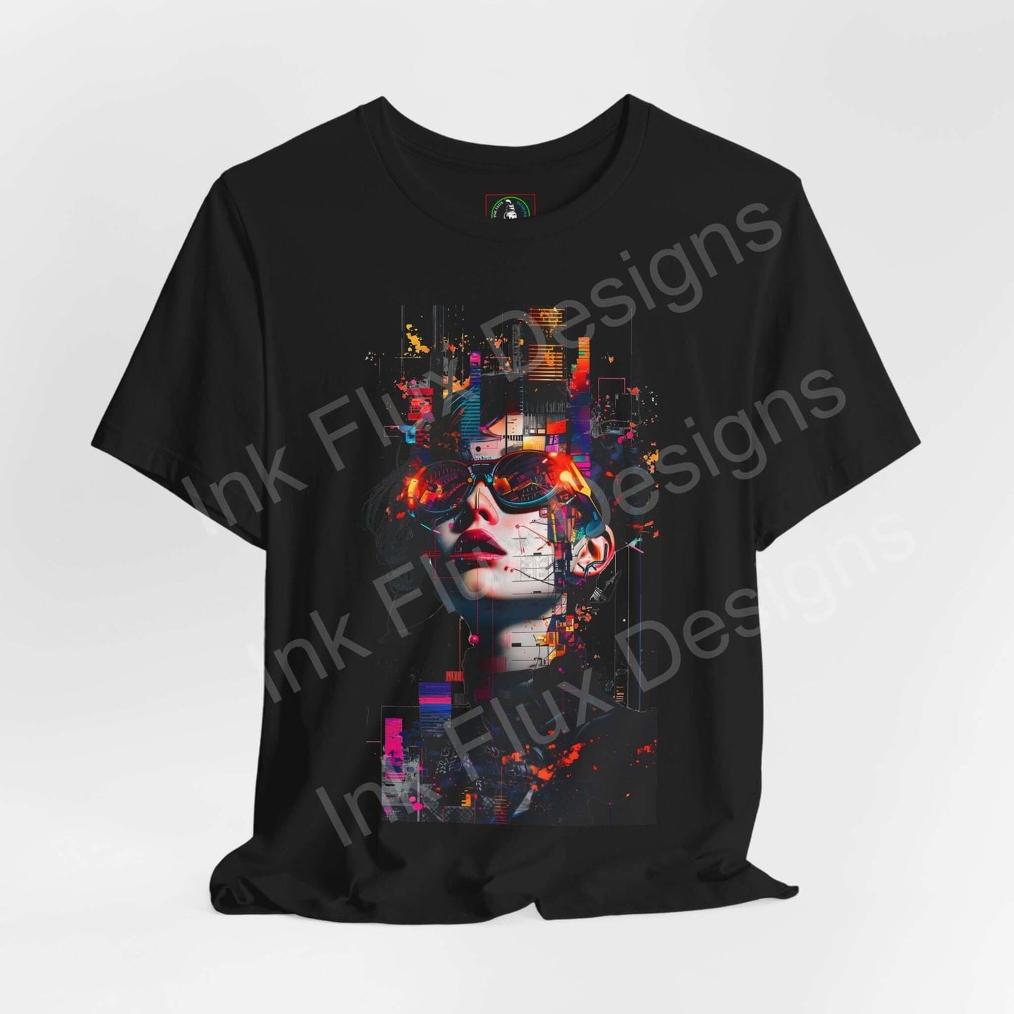 Cyberpunk graphic tee featuring a vibrant digital face design on a black, unisex jersey T-shirt by Bella+Canvas, emphasizing sustainability and style.