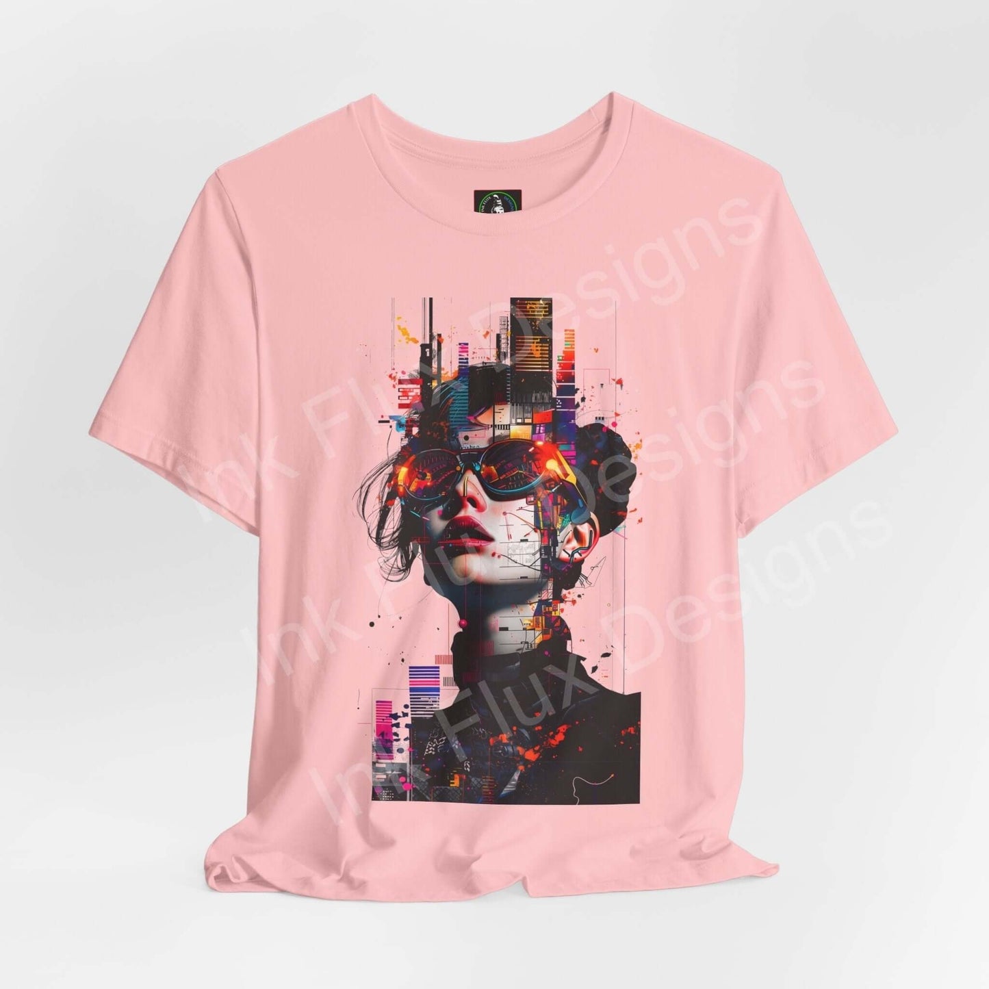 Light pink unisex cyberpunk graphic tee featuring a futuristic cityscape design on the front, by Bella+Canvas.