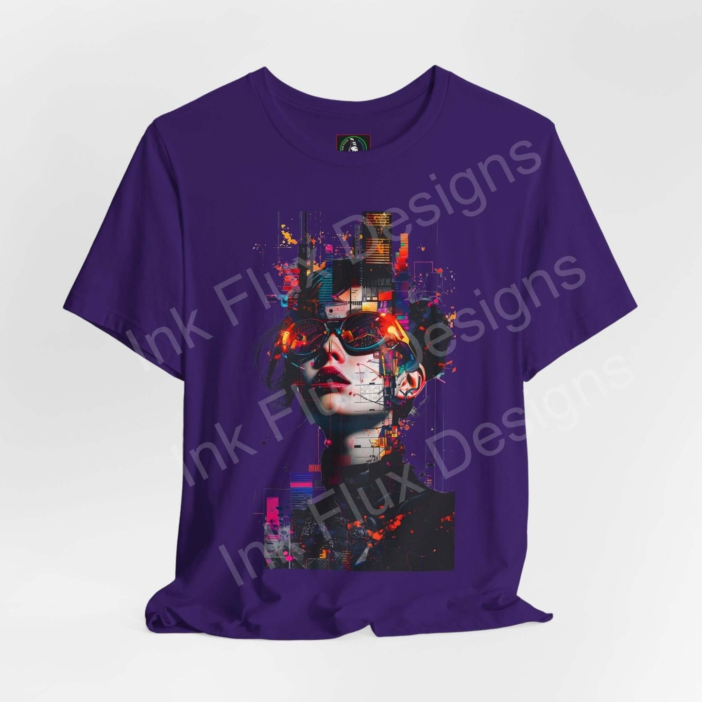 Cyberpunk graphic tee featuring a vibrant, futuristic design on a purple Bella+Canvas unisex T-shirt, perfect for style and comfort.