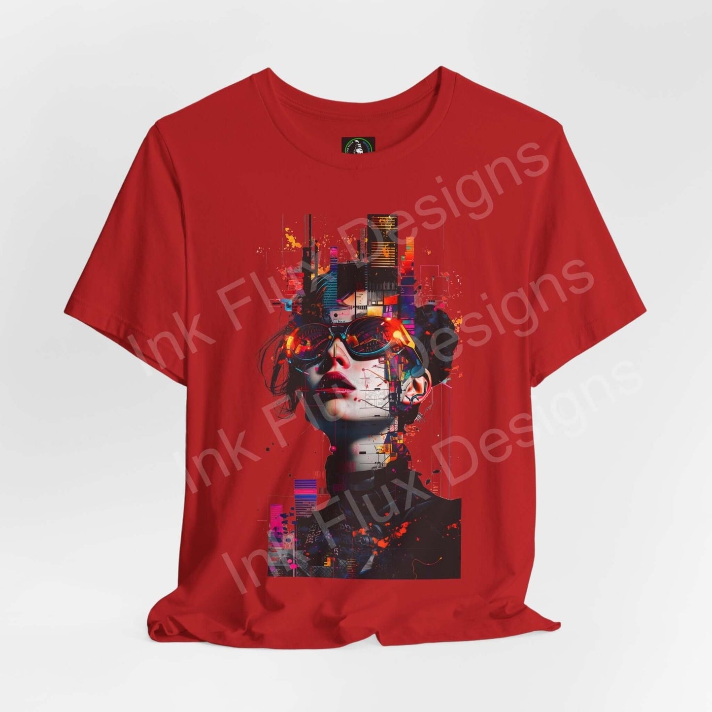 Red cyberpunk graphic tee featuring a vibrant, artistic design of a face with digital elements, from Bella+Canvas unisex jersey T-shirts collection.