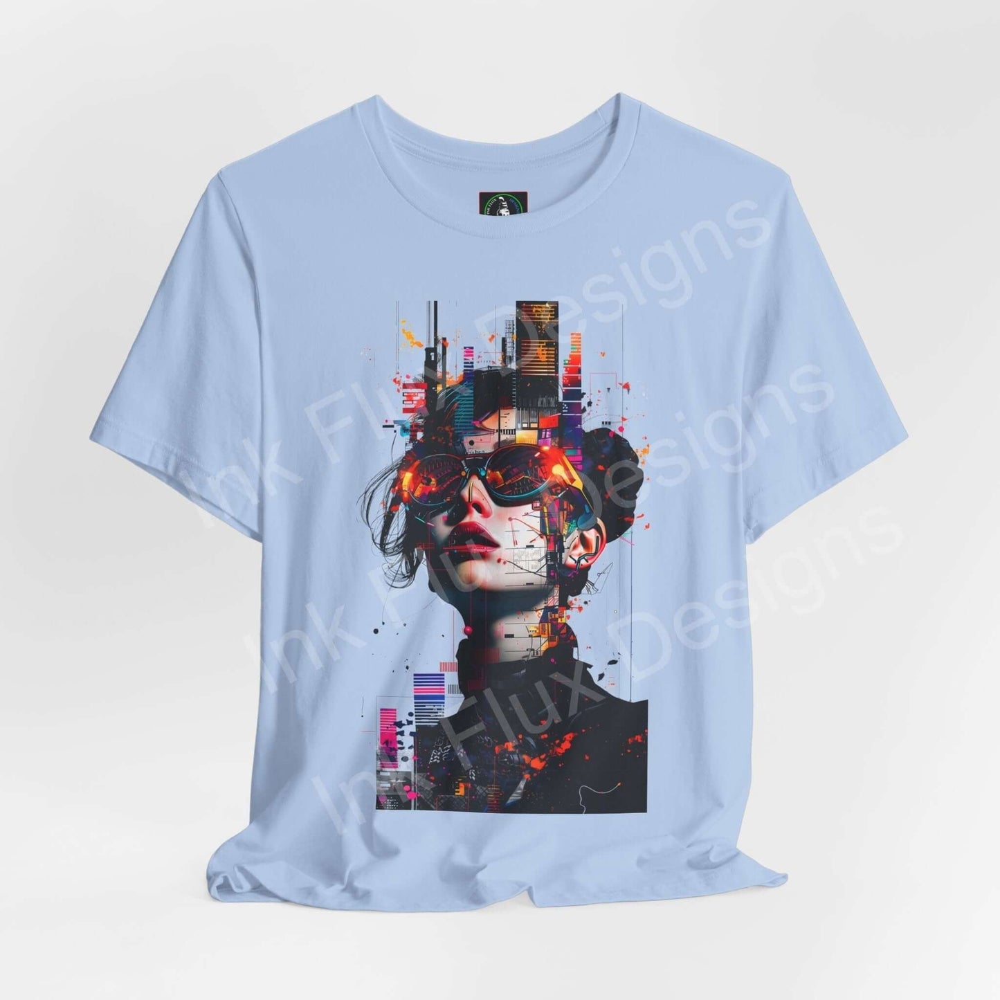 Light blue unisex T-shirt featuring a cyberpunk-inspired graphic design with vivid colors and urban elements, ideal for fans of unique graphic tees.