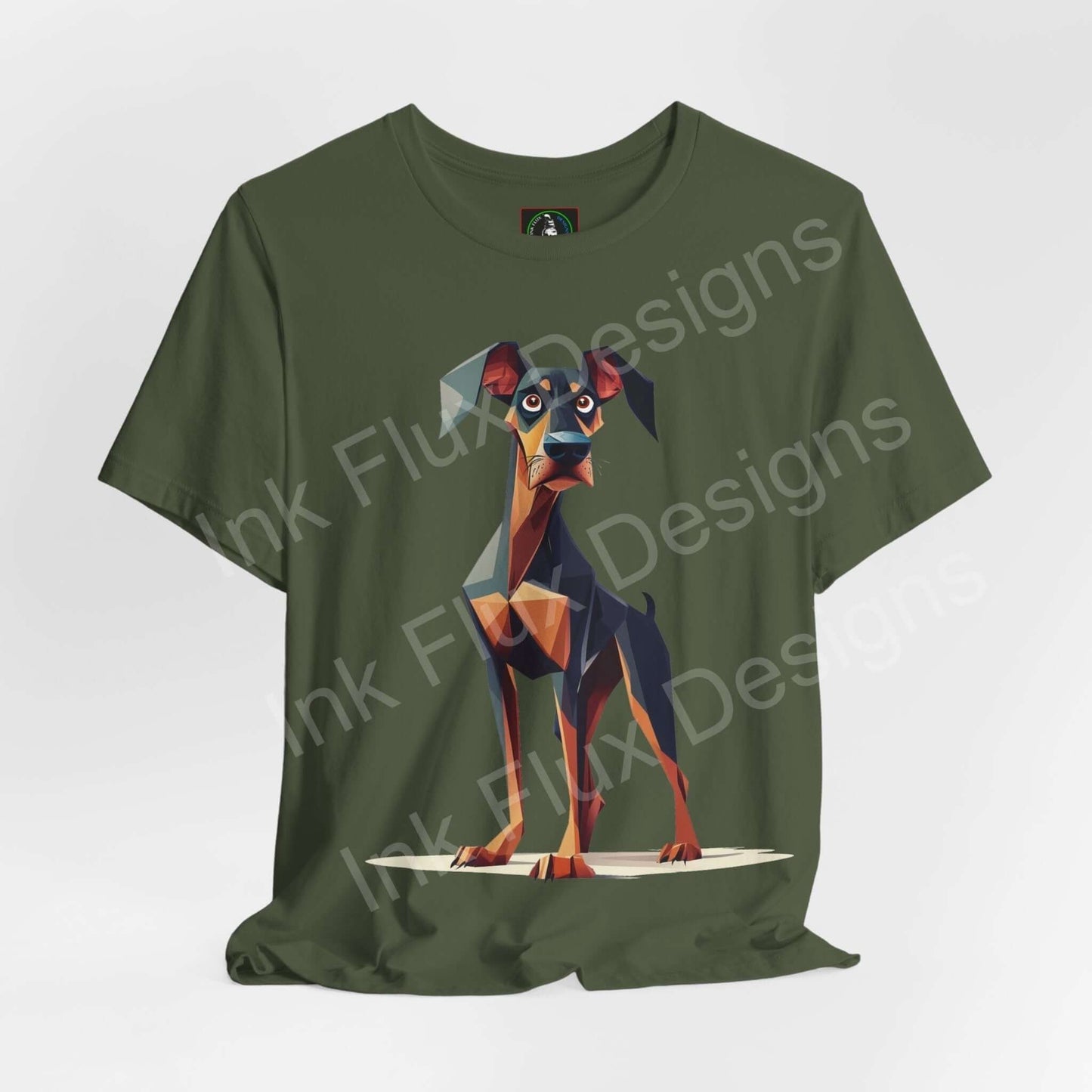 Green graphic tee featuring a geometric Dobermann design, ideal for dog lovers looking for stylish, comfortable shirts.