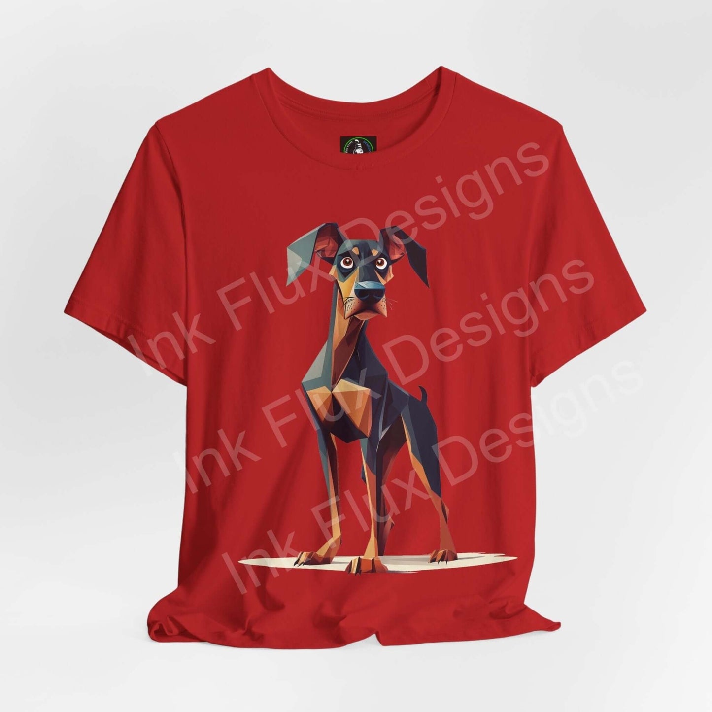 Red unisex T-shirt featuring a geometric Doberman design, ideal for dog lovers, from the Dobermann Big Pup collection by Bella+Canvas.