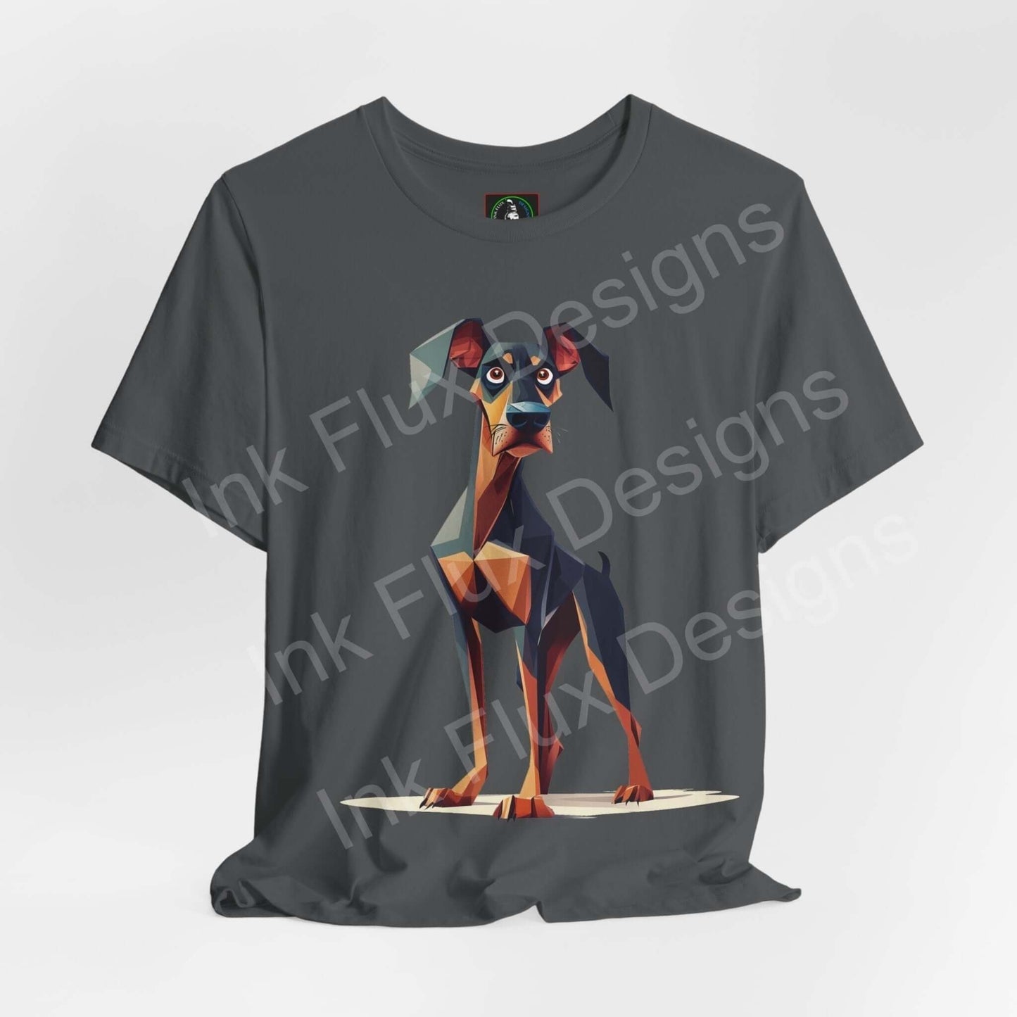 Graphic tee featuring a stylized Dobermann design on a dark gray shirt, ideal for dog lovers who appreciate unique graphic tees and sustainable fashion.