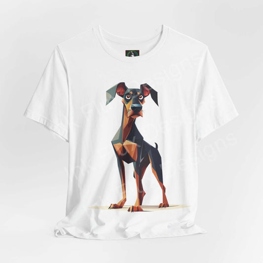 Unisex white T-shirt featuring a geometric graphic print of a Doberman, from the "Dobermann Big Pup" line, showcasing a stylish, breathable design ideal for dog lovers.