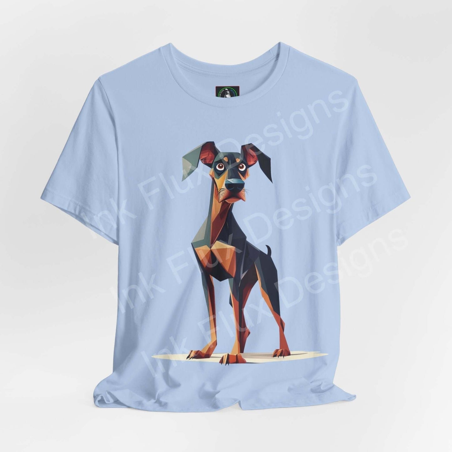 Light blue unisex T-shirt featuring a graphic design of a Dobermann, perfect for dog lovers, by Bella+Canvas.