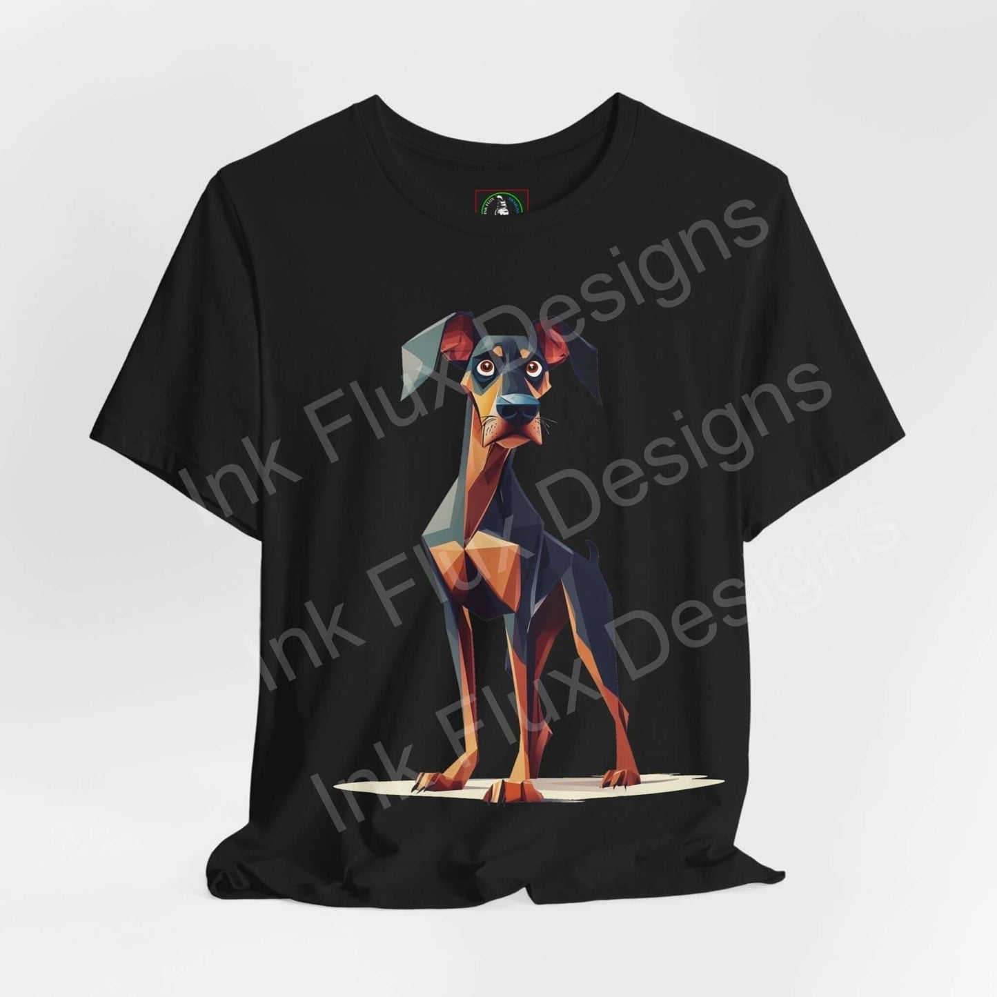 Black graphic tee featuring a colorful, geometric Dobermann design, ideal for dog lovers and t-shirt enthusiasts.