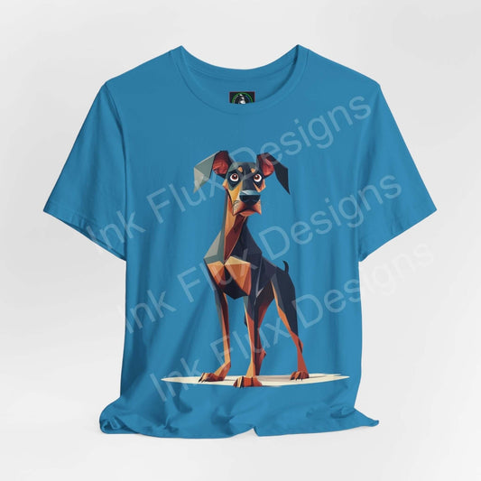 Blue unisex T-shirt featuring a geometric Dobermann graphic, perfect for dog lovers and casual wear.