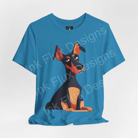 Blue unisex T-shirt featuring a stylized graphic of a Dobermann, ideal for dog lovers and casual wear.