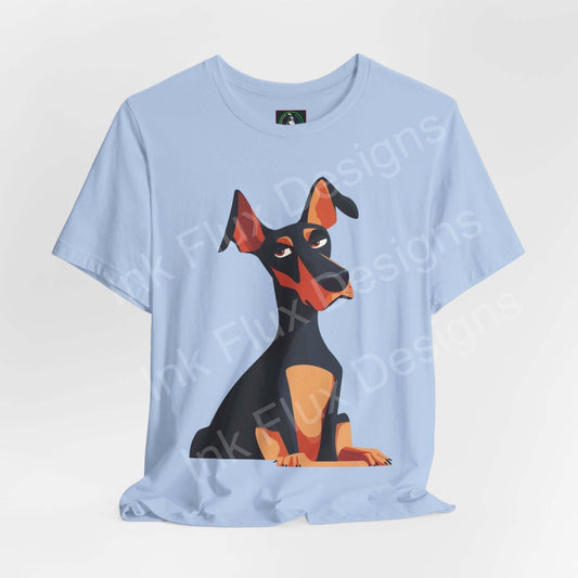 Light blue unisex jersey T-shirt featuring a graphic Dobermann portrait, ideal for dog lovers and suitable for any casual occasion.