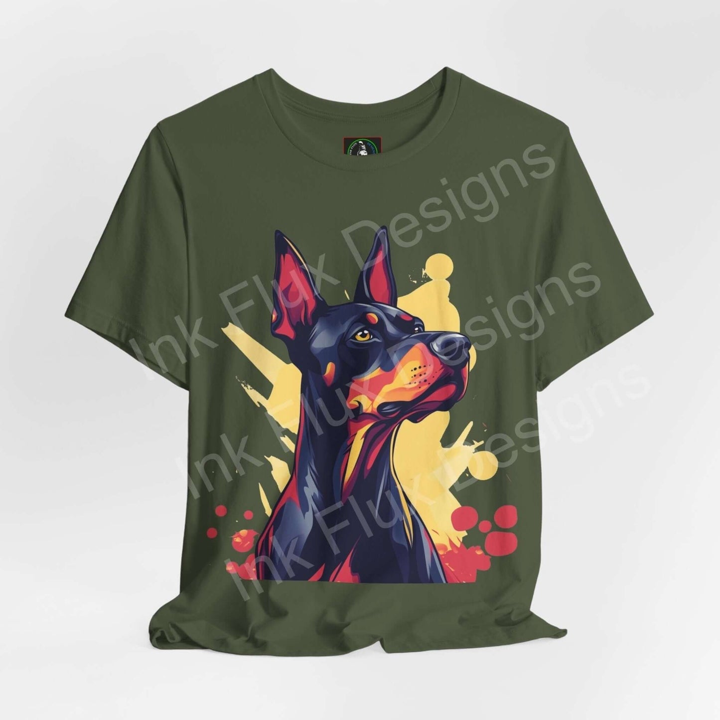 Dobermann Dog T-Shirt featuring a vibrant portrait of a Dobermann with artistic colors and bold design.