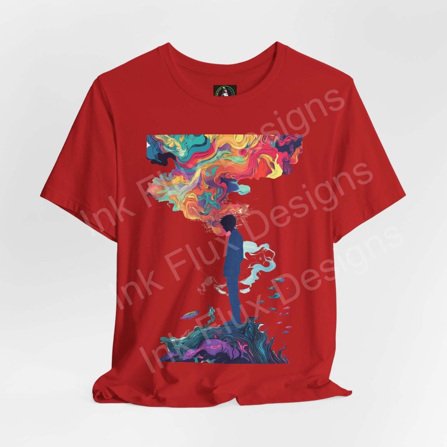 Red unisex T-shirt featuring bold, psychedelic graphic with vibrant swirls and trippy abstract design, perfect for any occasion.