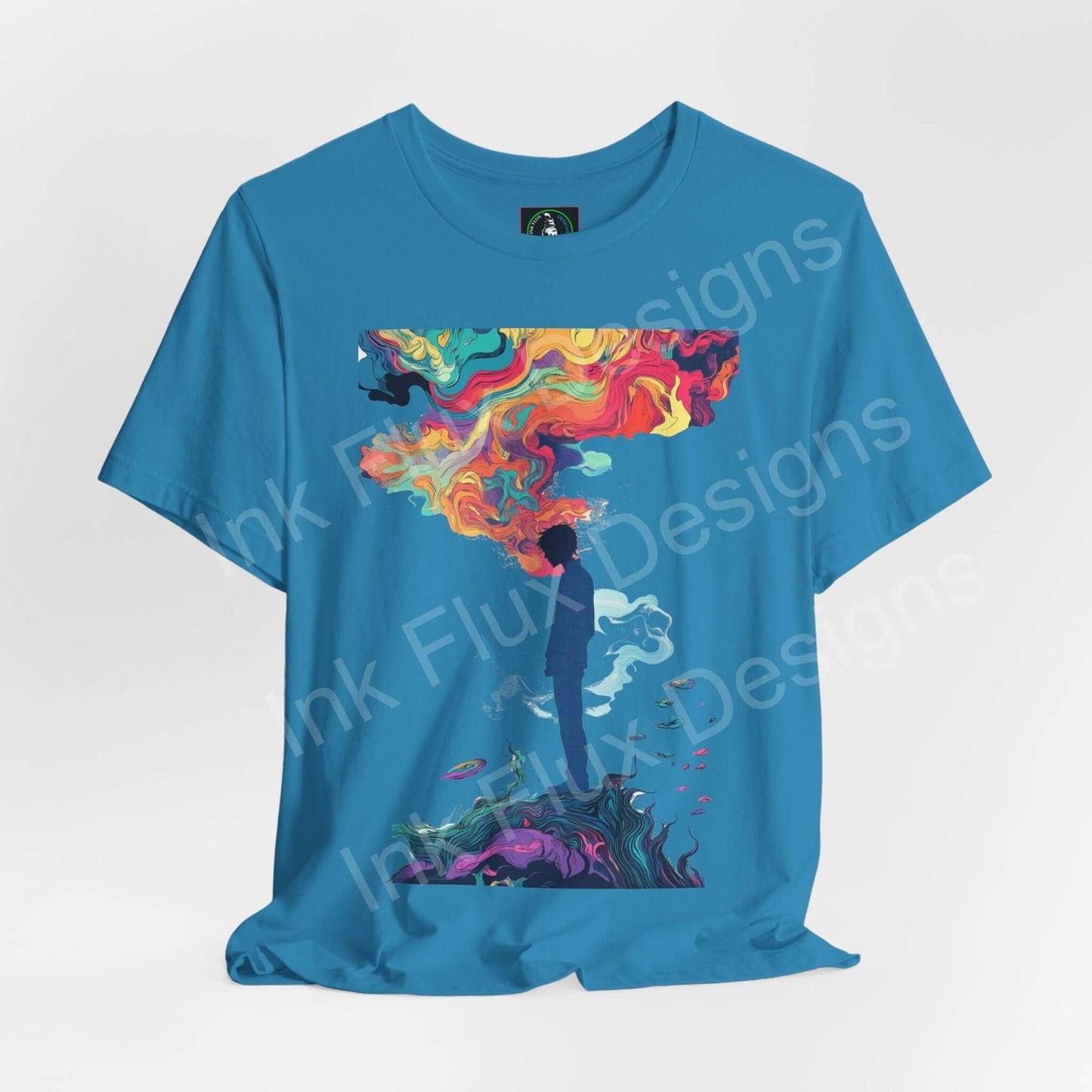Blue unisex jersey T-shirt featuring a bold, psychedelic graphic with vibrant, trippy colors and dreamy design elements, perfect for a stylish look.