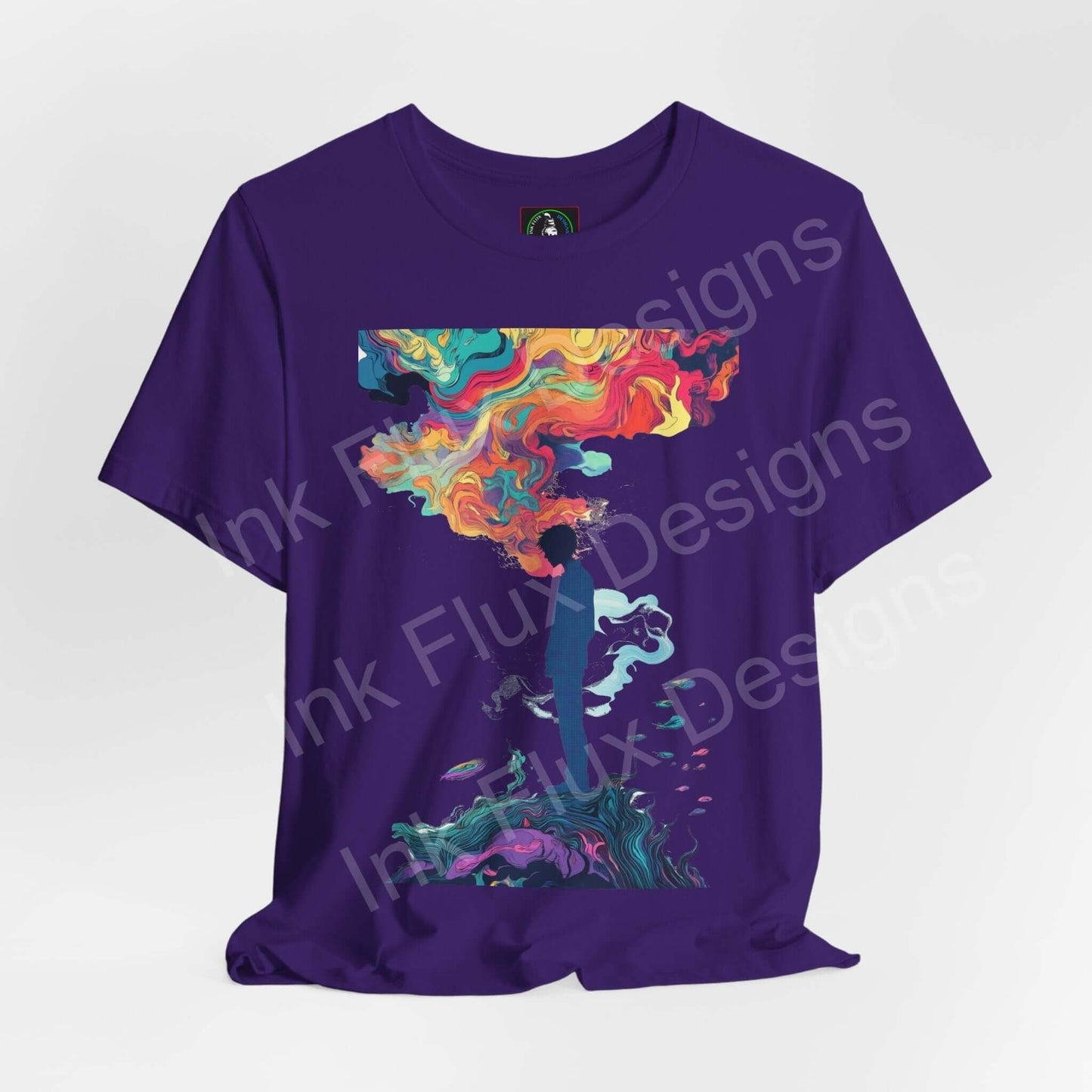 Unisex purple T-shirt featuring a psychedelic, trippy graphic design with vibrant, swirling colors by Ink Flux Designs.