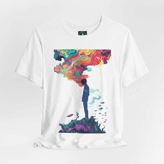 Dreamscape II unisex tee featuring a trippy, psychedelic graphic with bold colors and abstract design on a white jersey T-shirt by Bella+Canvas.