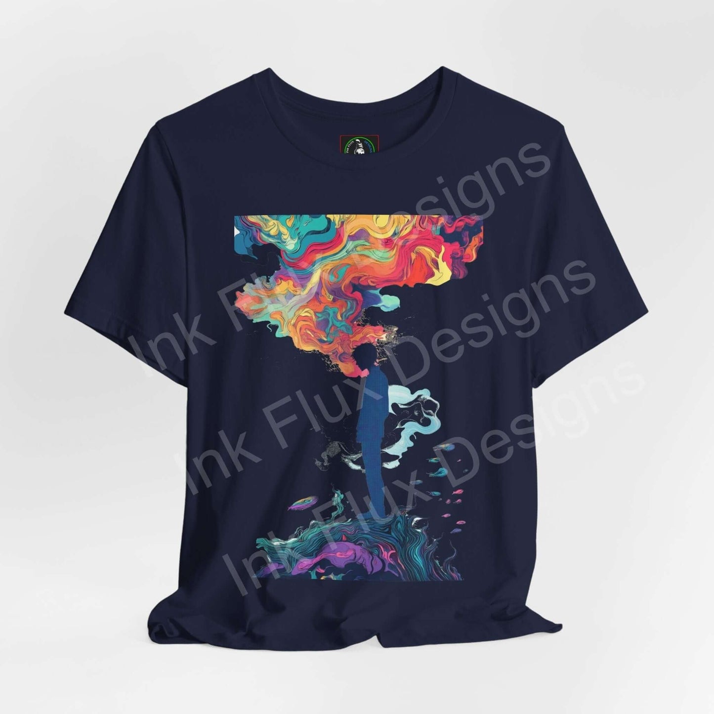 Navy blue unisex T-shirt from Bella+Canvas featuring a bold, psychedelic graphic with vibrant, trippy colors and abstract design.