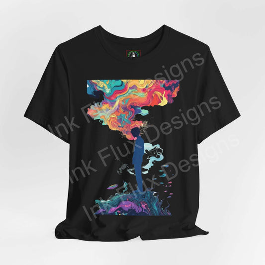 Unisex black T-shirt featuring a bold psychedelic graphic with vibrant, trippy colors and abstract designs, designed by Bella+Canvas for comfort and style.