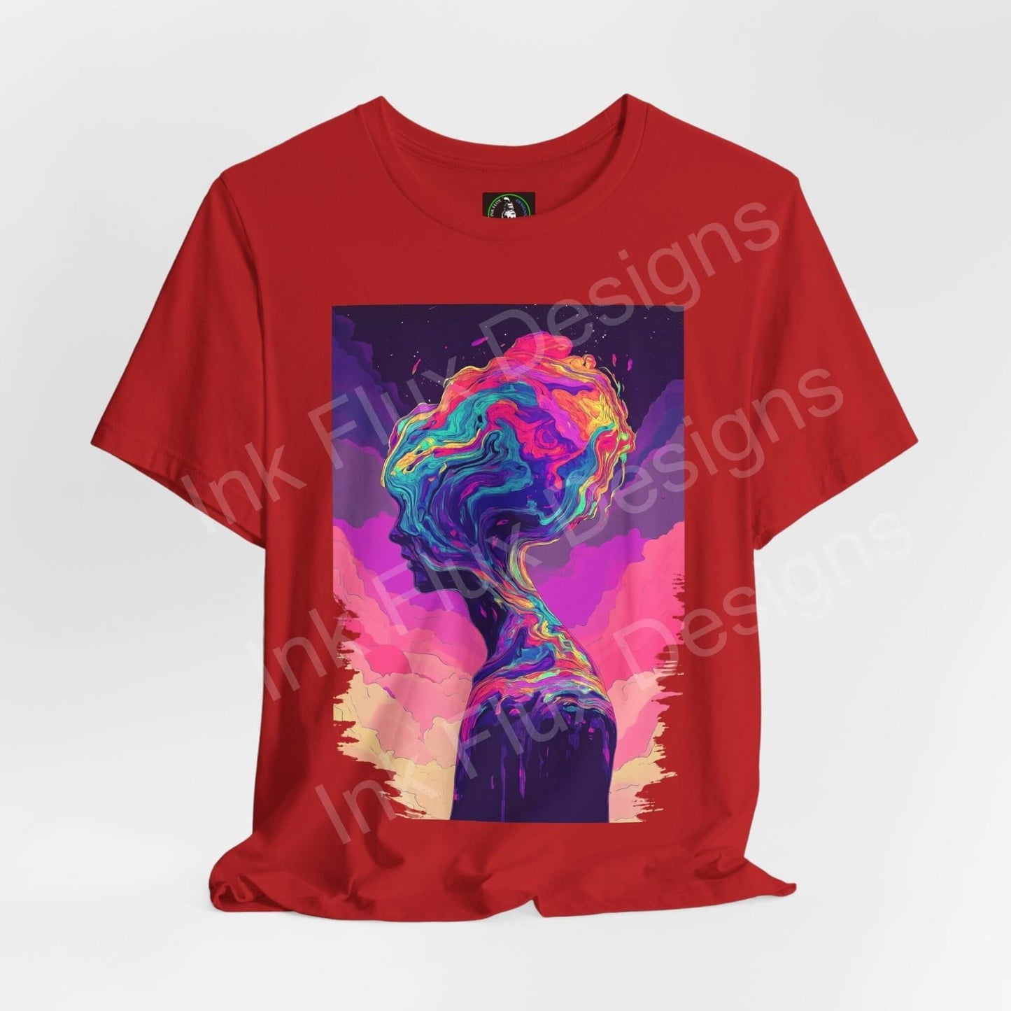 Red unisex jersey T-shirt featuring a bold, psychedelic graphic print with vibrant colors on a comfortable, breathable fabric.