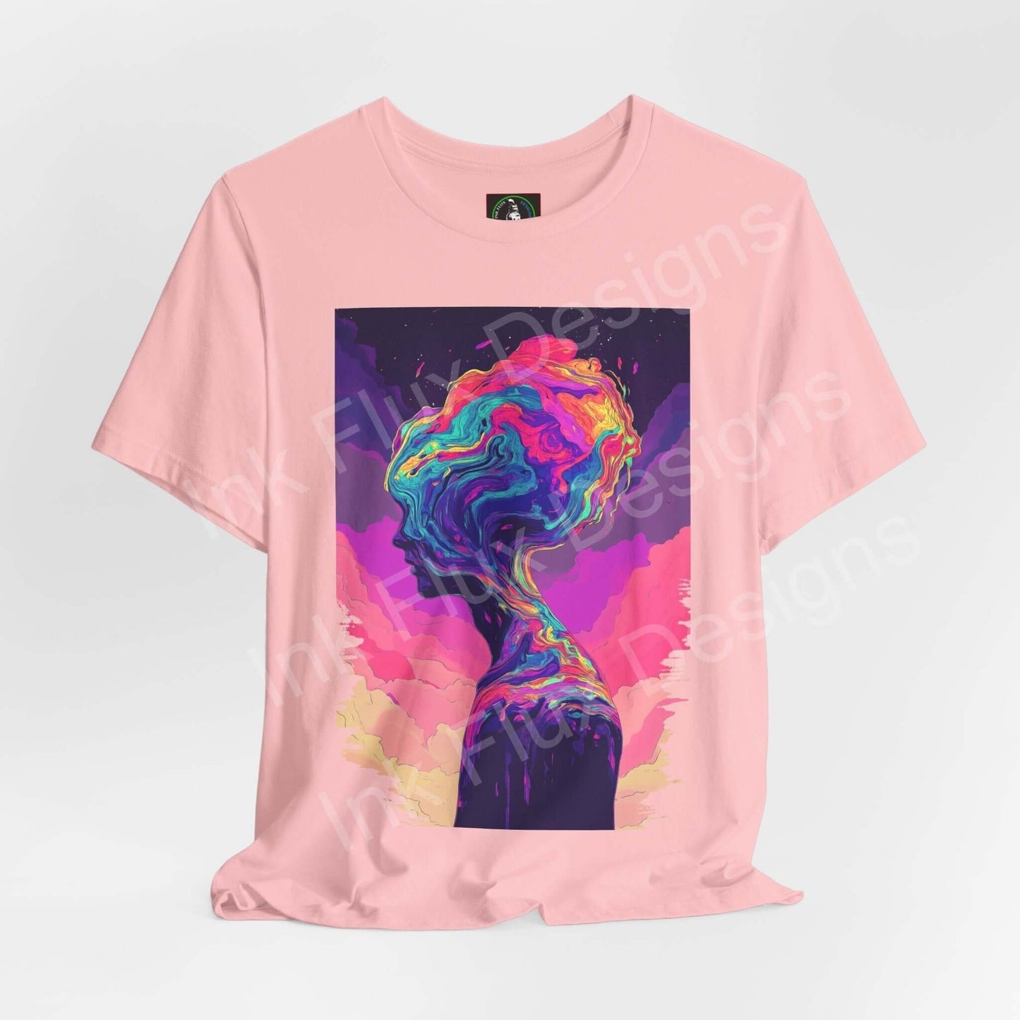 Unisex pink T-shirt featuring a bold psychedelic graphic of a colorful, trippy silhouette on the front, made from soft Airlume cotton.