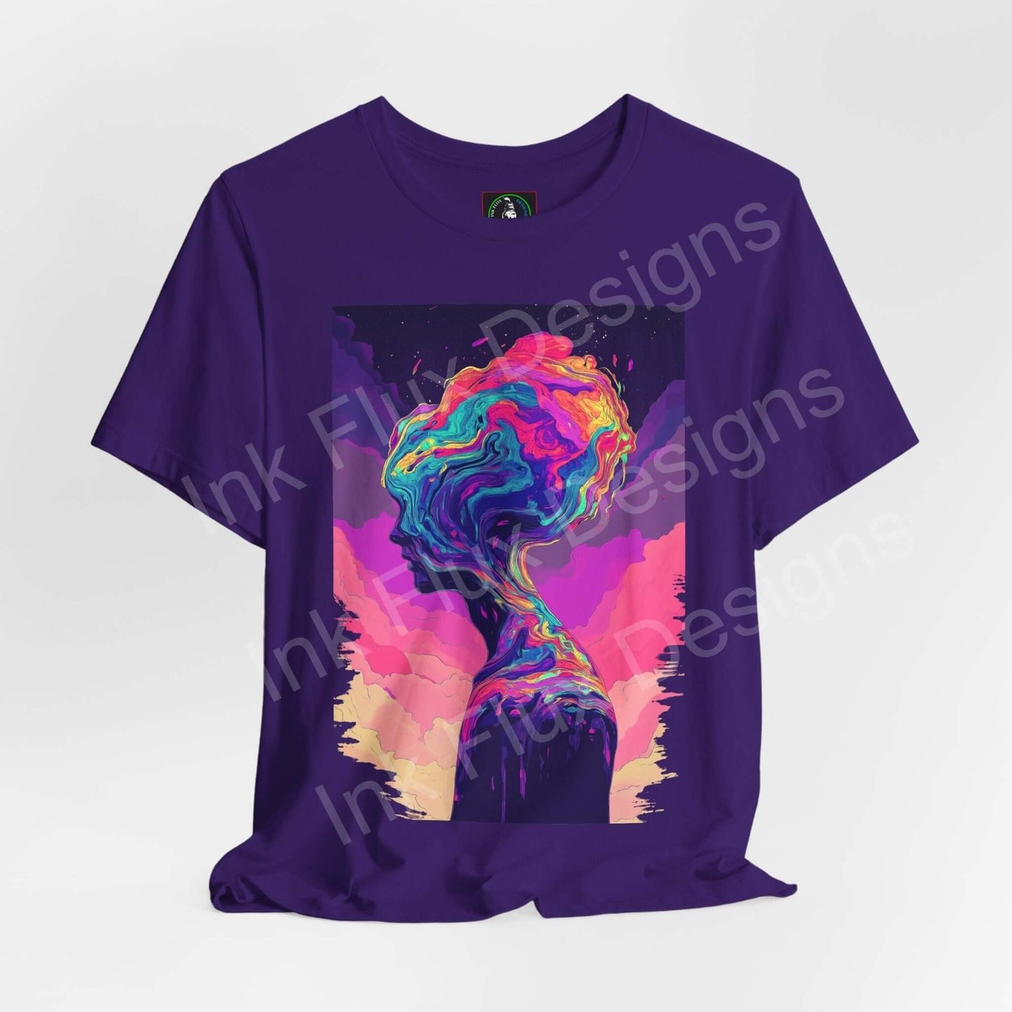 Unisex purple T-shirt featuring a bold, psychedelic graphic with vibrant, trippy colors, ideal for style and comfort.