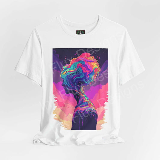 White unisex T-shirt featuring a bold, psychedelic graphic of a colorful figure melding into abstract shapes, exemplifying trippy, stylish casual wear.