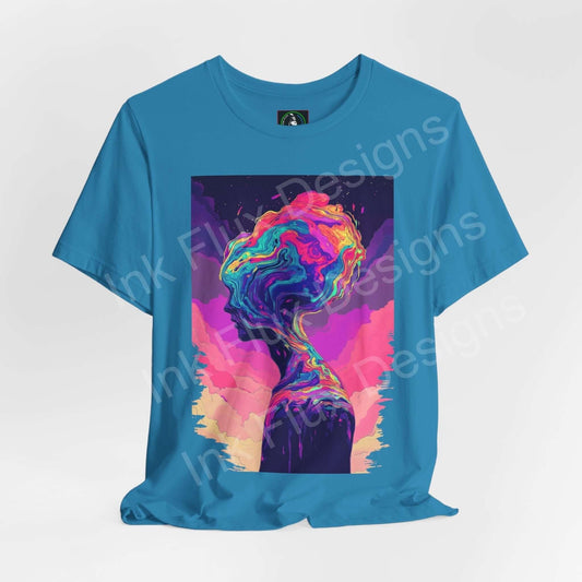 Dreamscape III unisex blue T-shirt featuring a bold psychedelic graphic with vibrant, trippy colors and a stylish, comfortable fit.