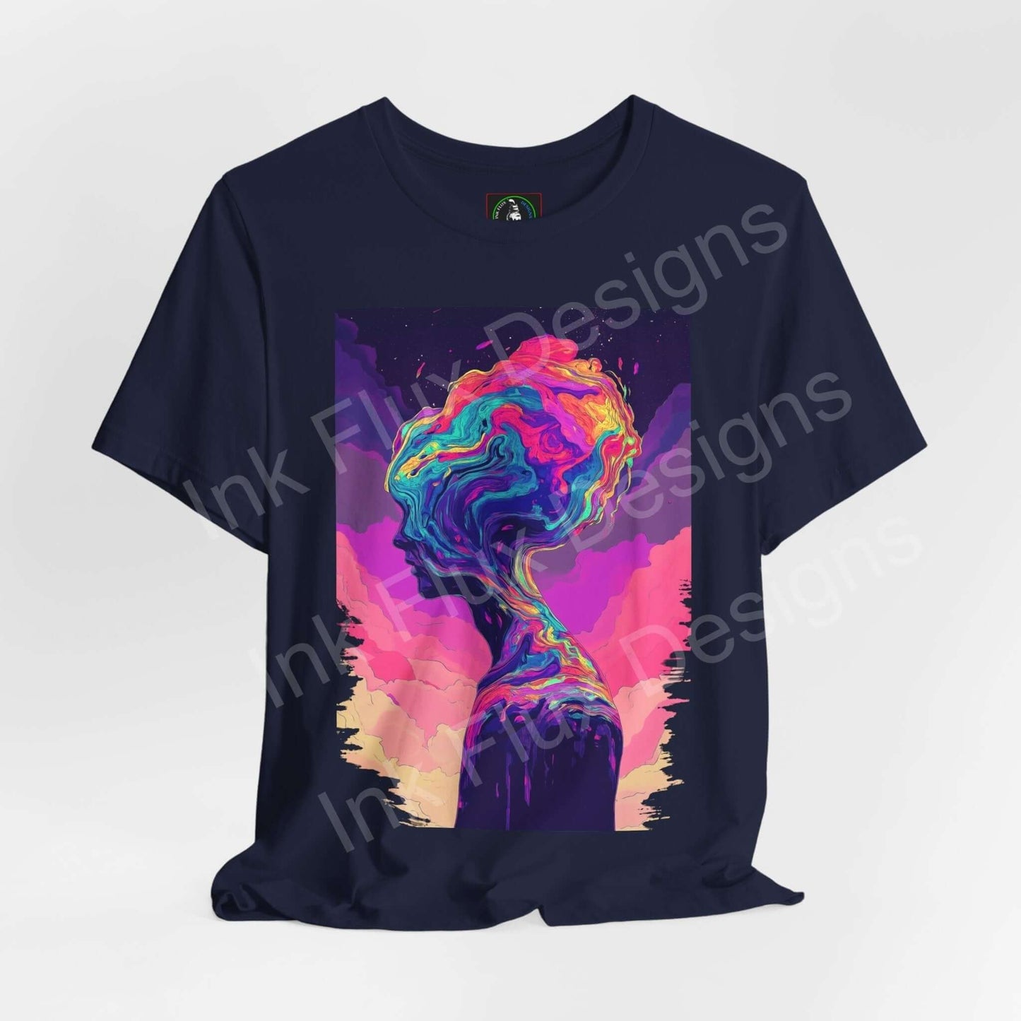 Unisex navy blue jersey T-shirt featuring a bold, psychedelic graphic design with vibrant, trippy colors on the front, perfect for stylish comfort.