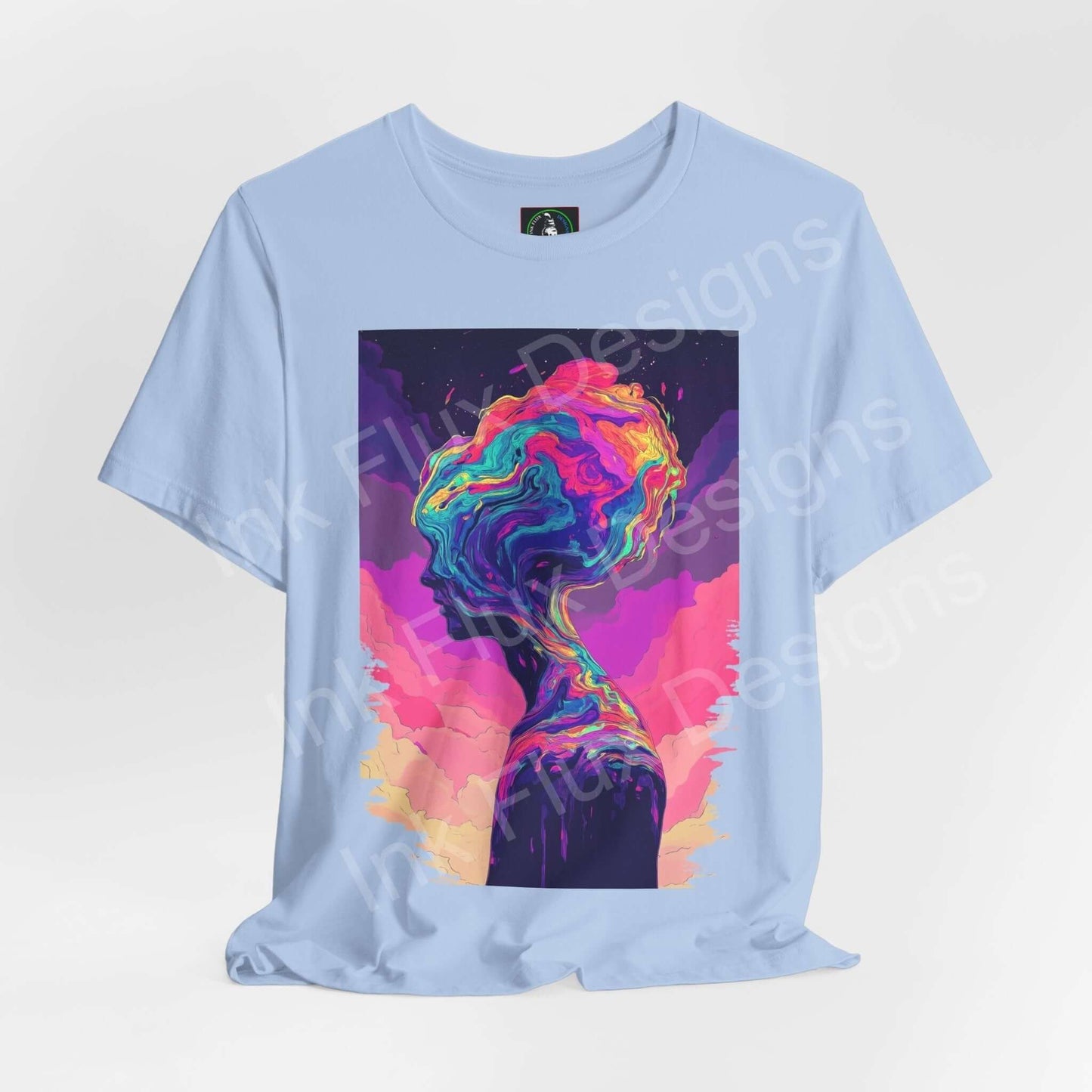 Light blue unisex jersey T-shirt featuring a bold, psychedelic graphic with vibrant, trippy colors, designed by Bella+Canvas for style and comfort.