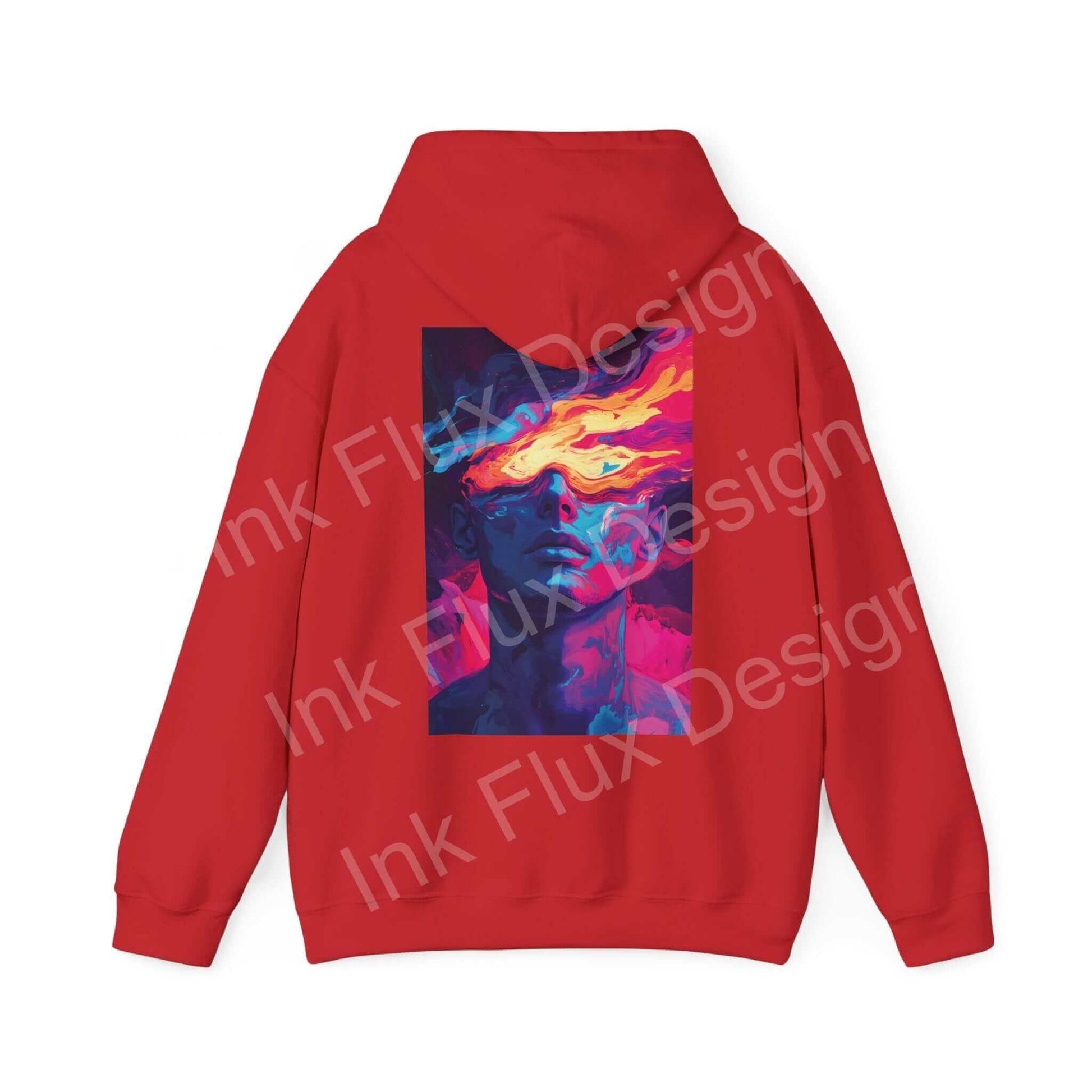Red Dreamscape IV hooded sweatshirt with a bold, graphic design featuring an abstract face and vibrant colors on the back.