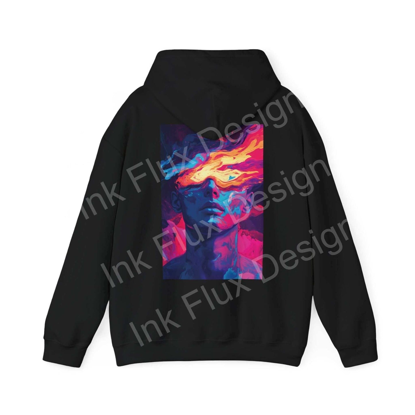 Black Dreamscape IV hooded sweatshirt with a bold, graphic design featuring vibrant colors on the back, ideal for those seeking stylish, comfortable hoodies.
