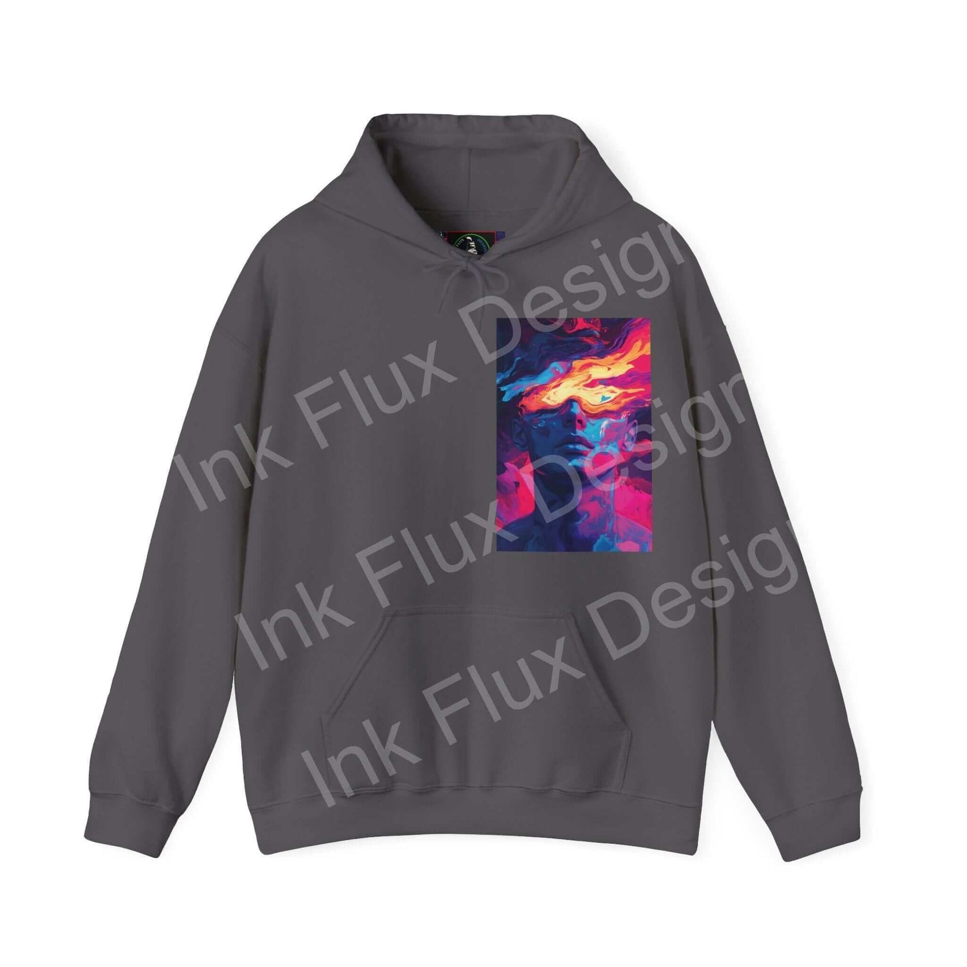 Unisex gray hoodie with vibrant, abstract graphic design on the front from the Dreamscape IV collection, showcasing bold colors and unique patterns.