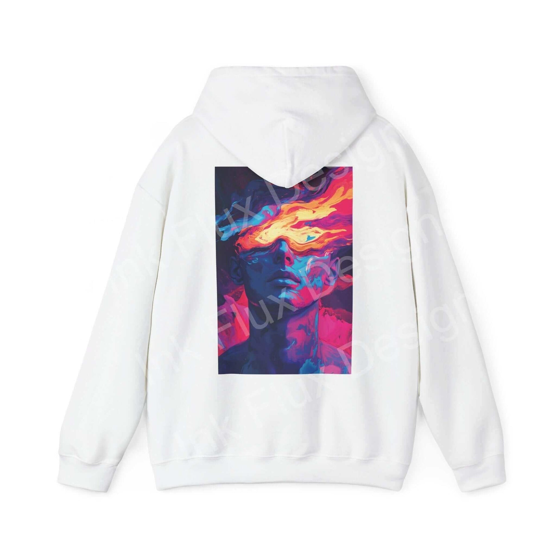 Back view of Dreamscape IV hooded sweatshirt featuring bold graphic design in vibrant colors, perfect for stylish, cozy wear.