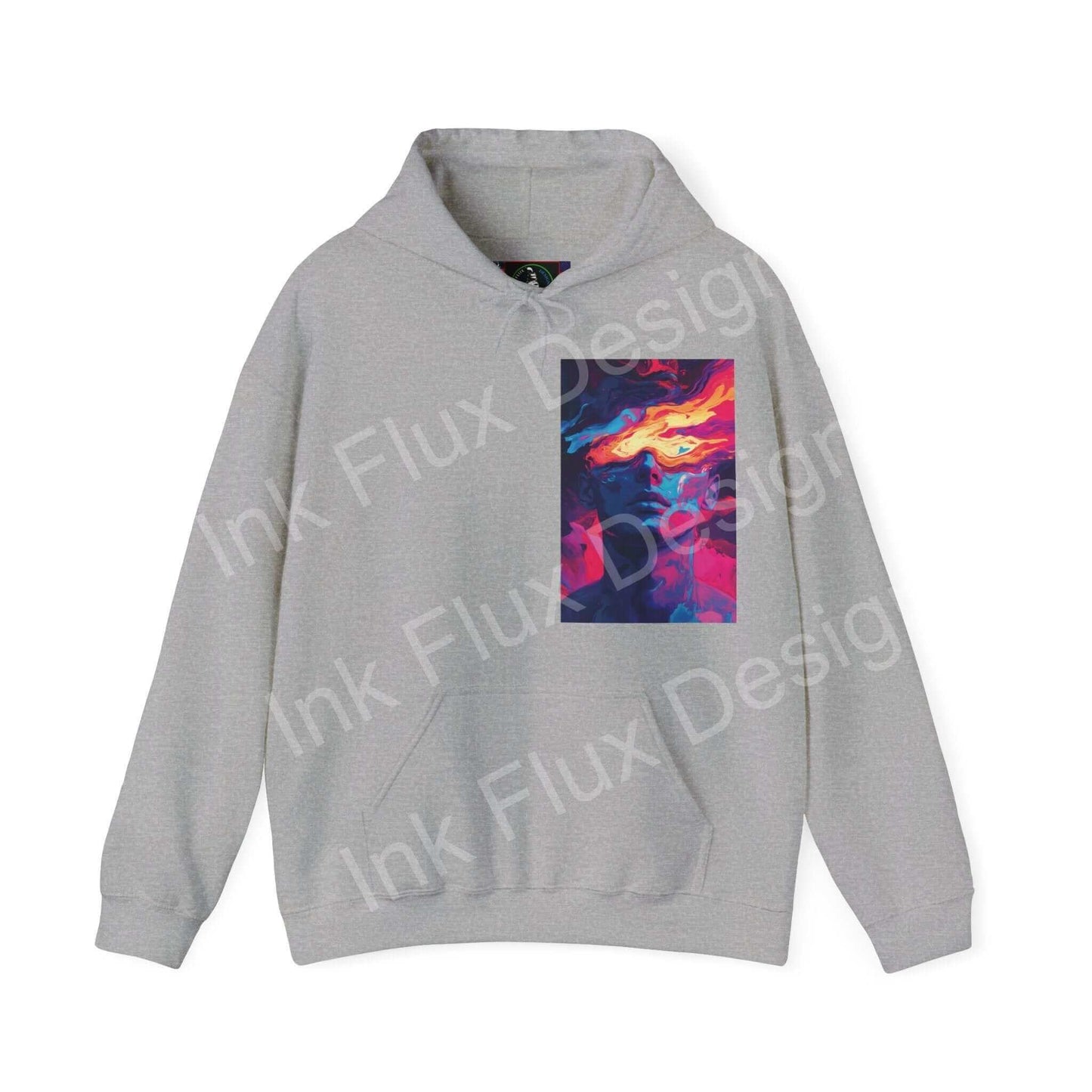Gray Dreamscape IV hooded sweatshirt with bold graphic design on chest, showcasing vibrant abstract artwork, perfect for stylish comfort.