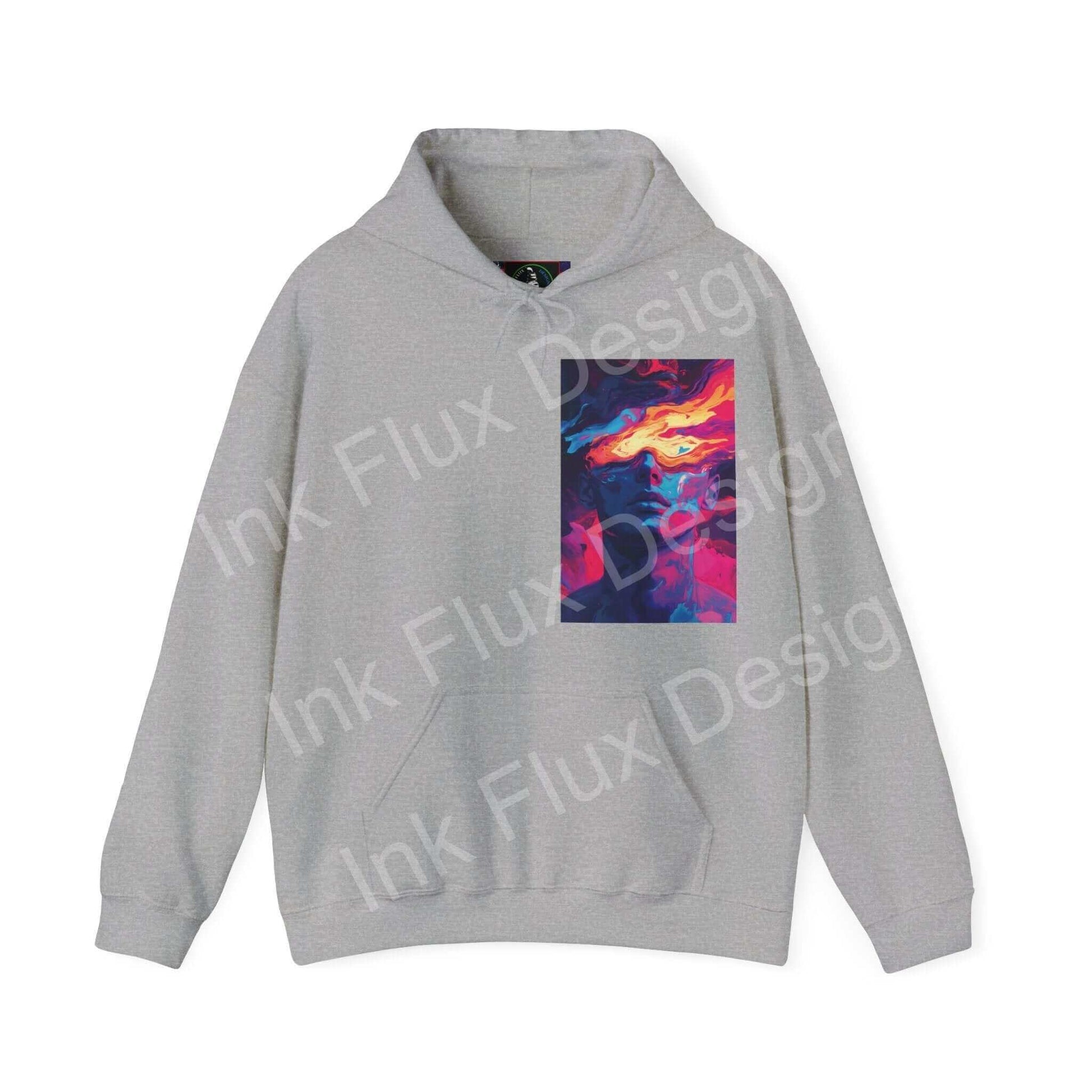 Gray Dreamscape IV hooded sweatshirt with bold graphic design on chest, showcasing vibrant abstract artwork, perfect for stylish comfort.