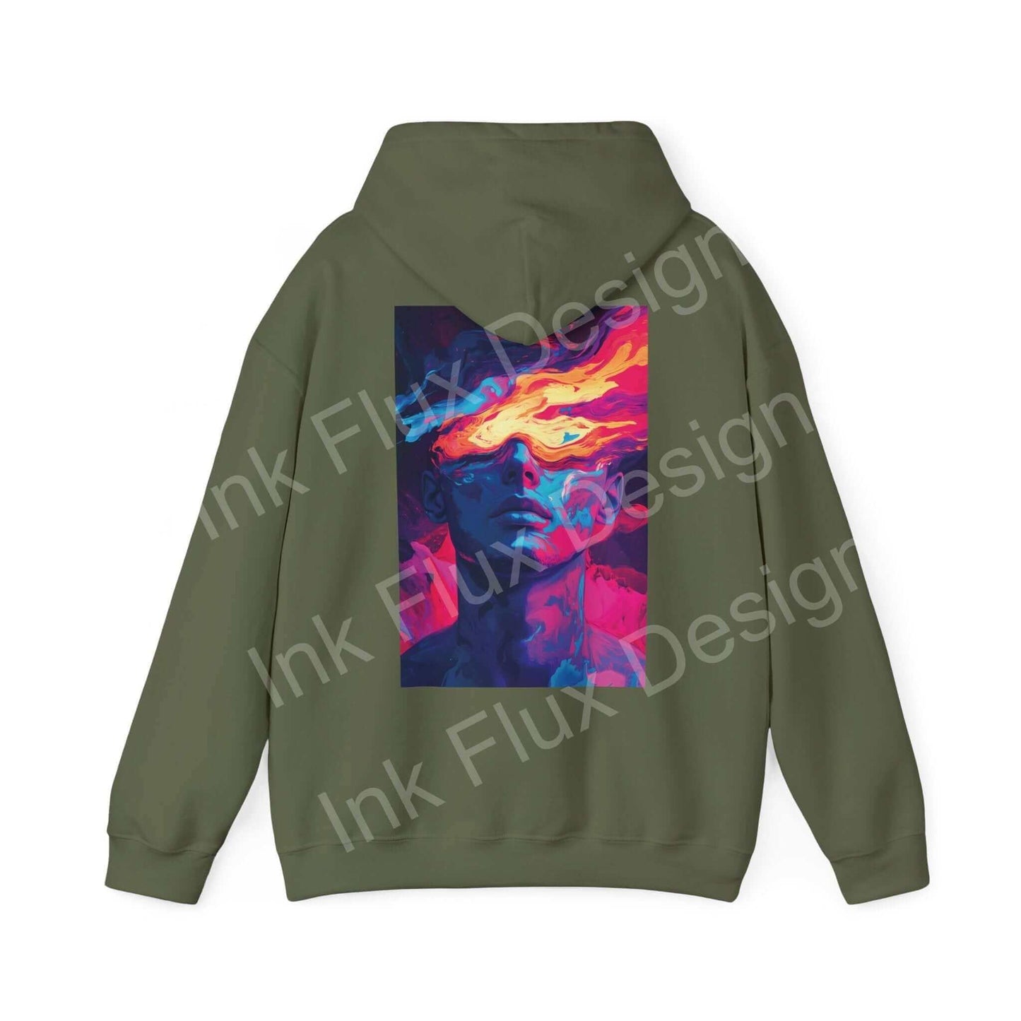 Back view of Dreamscape IV Hooded Sweatshirt featuring a bold graphic design in vibrant colors on a green hoodie, ideal for stylish comfort.