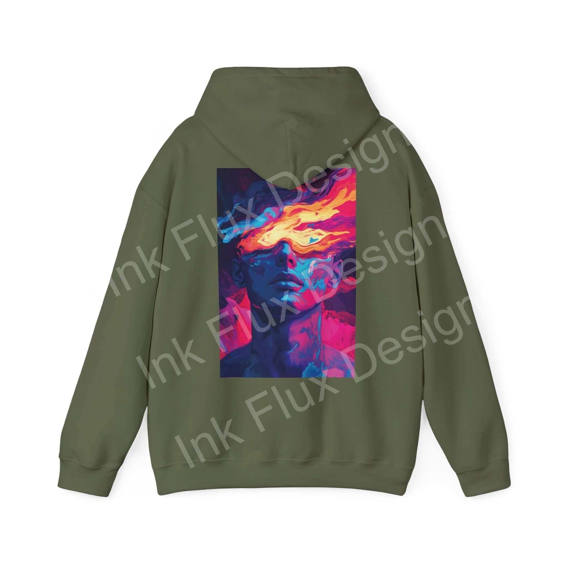 Back view of Dreamscape IV Hooded Sweatshirt featuring a bold graphic design in vibrant colors on a green hoodie, ideal for stylish comfort.