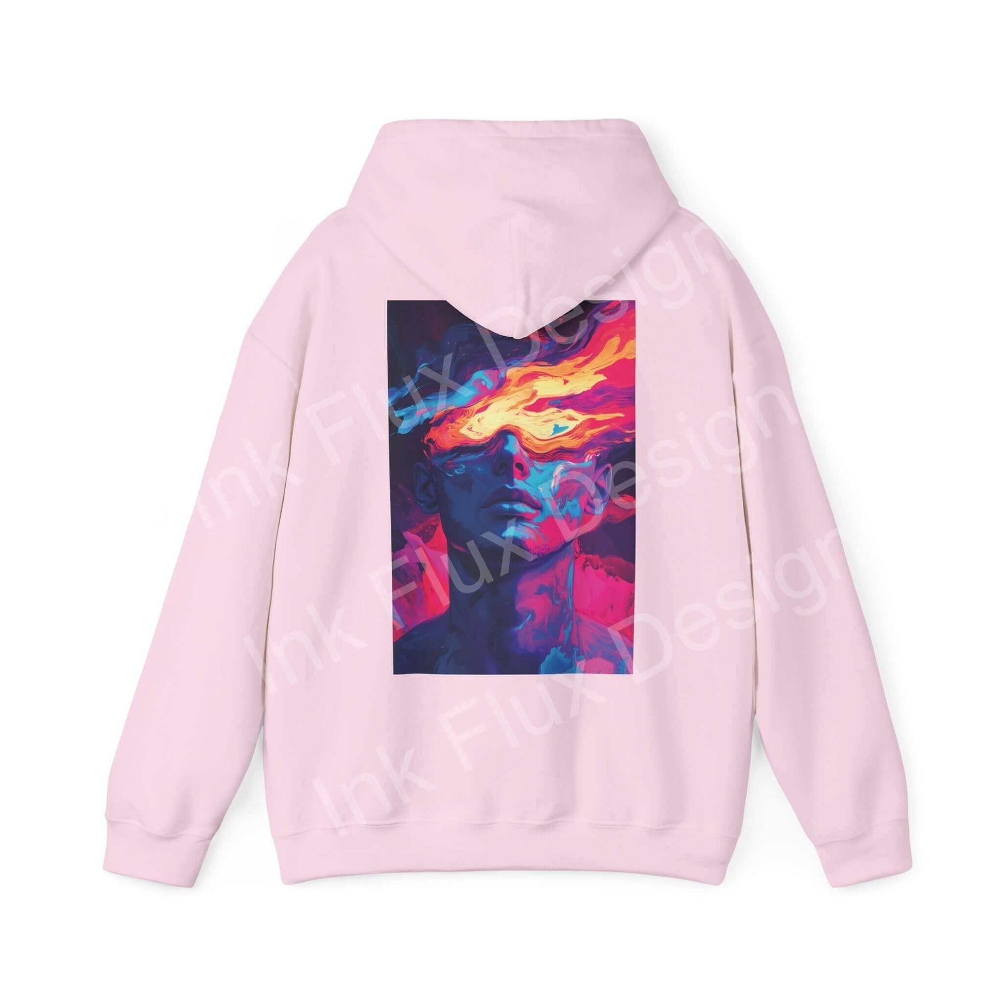 Pink Dreamscape IV graphic hoodie featuring a bold, colorful abstract design on the back, ideal for stylish, cozy wear