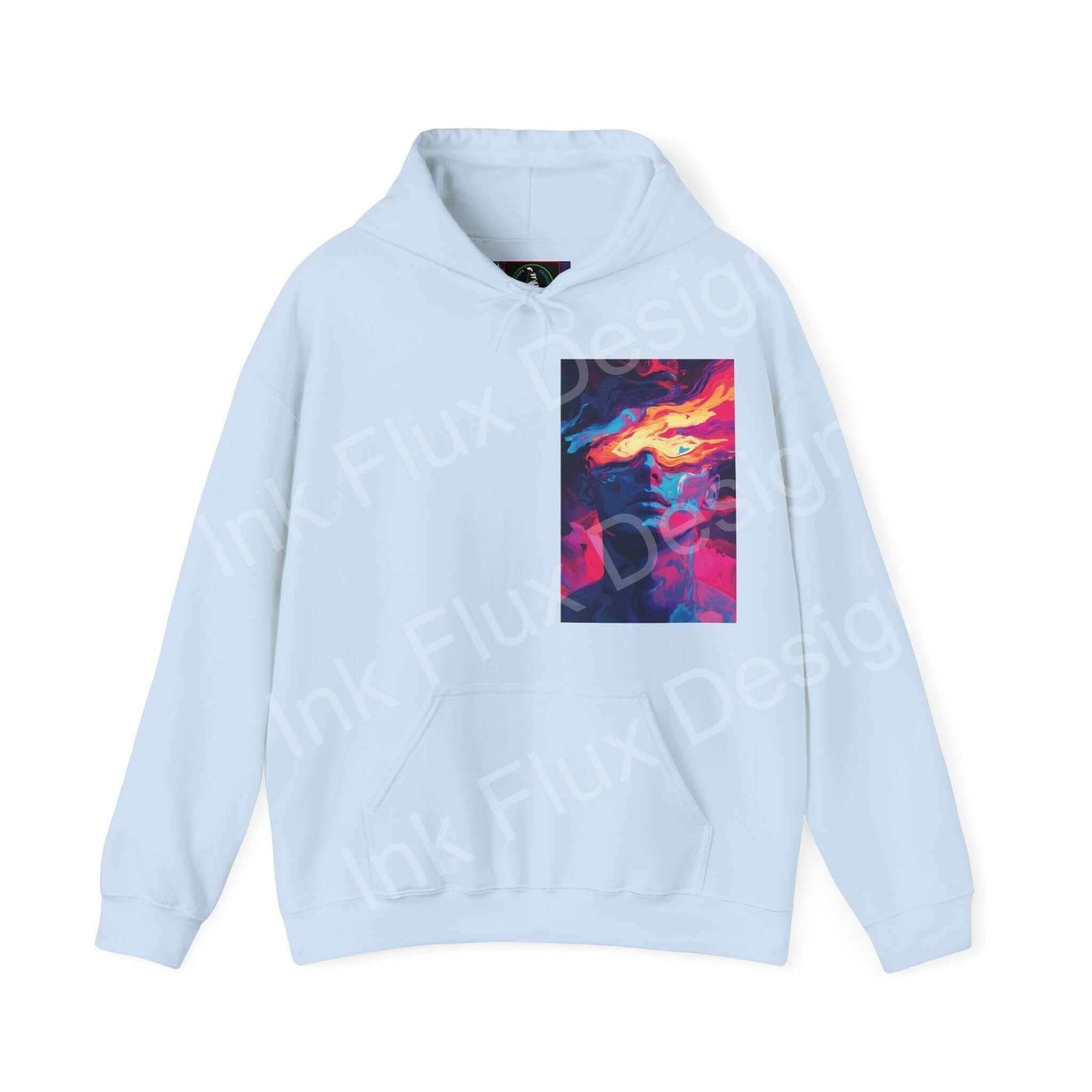 Light blue Dreamscape IV hooded sweatshirt with a bold graphic design on the front, perfect for stylish, cozy wear.