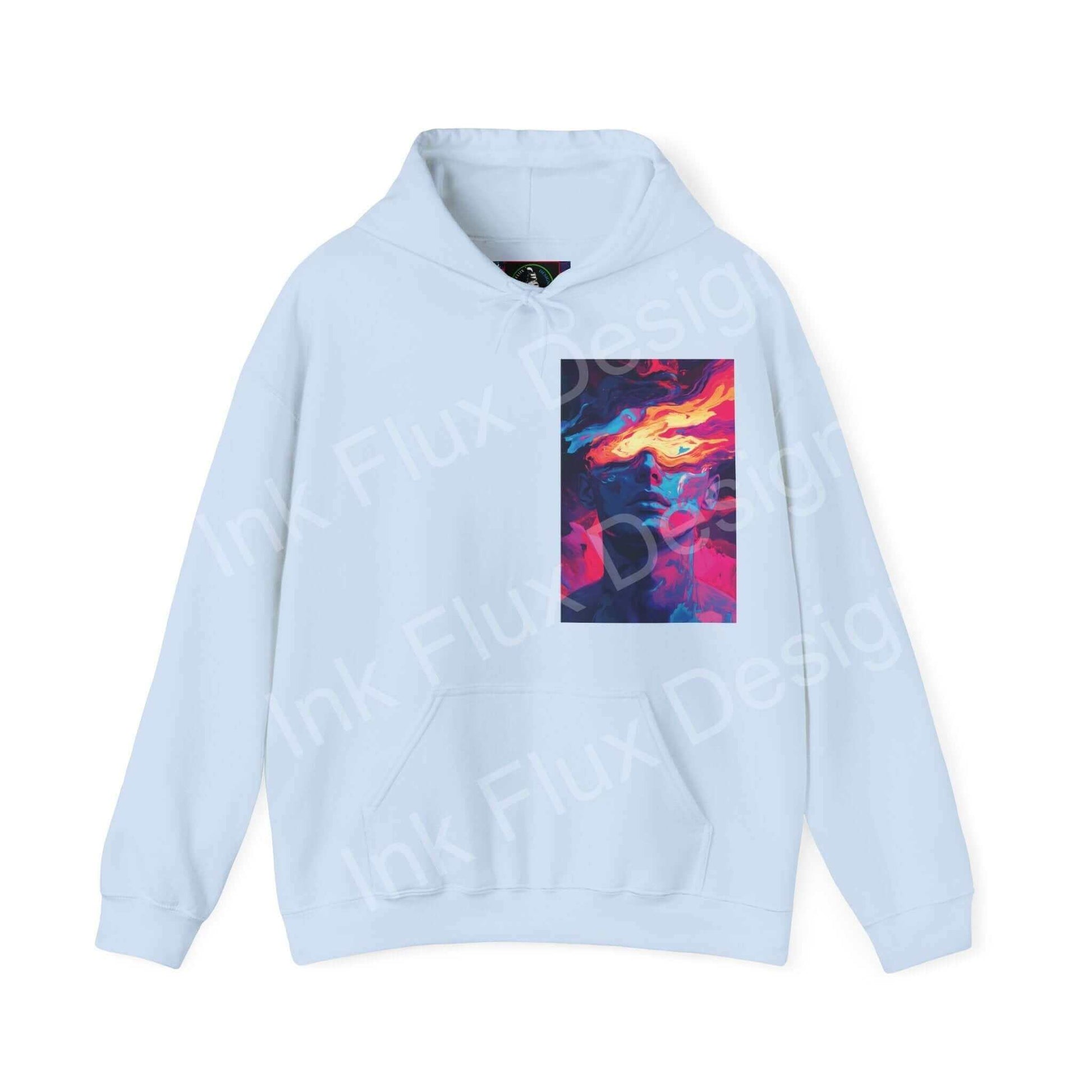 Light blue Dreamscape IV hooded sweatshirt with a bold graphic design on the front, perfect for stylish, cozy wear.