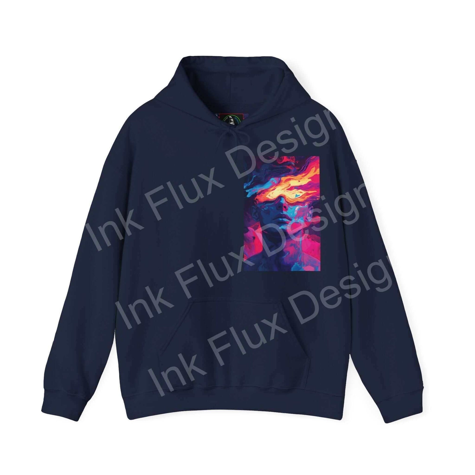 Navy Dreamscape IV hooded sweatshirt with vibrant, bold graphic design on the chest, ideal for stylish comfort.