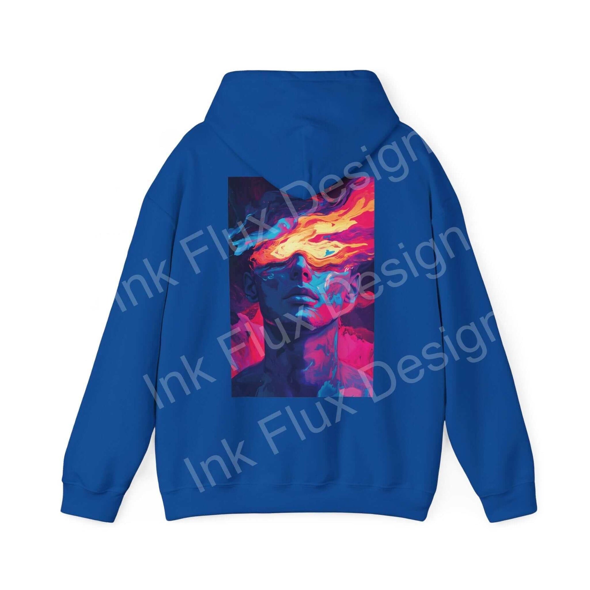 Blue Dreamscape IV hooded sweatshirt with bold graphic design of a fiery abstract face on the back