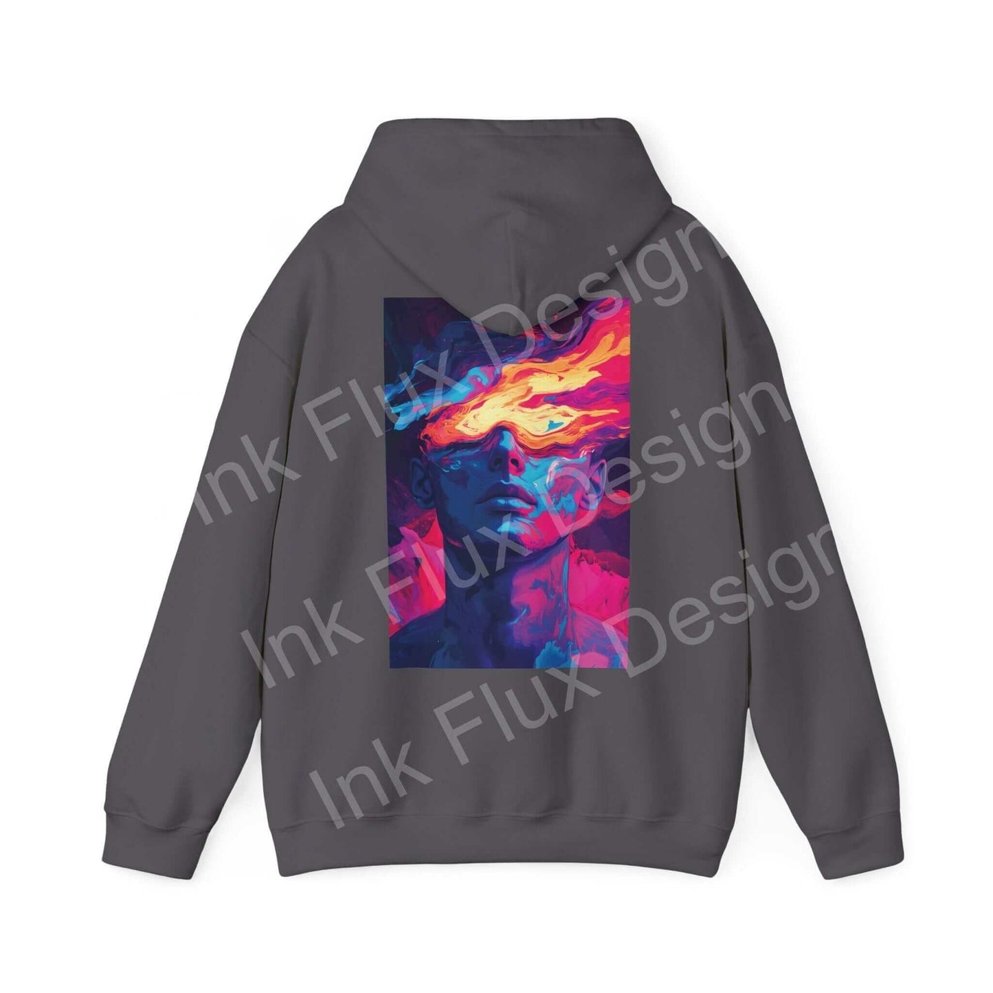 Back view of Dreamscape IV Hooded Sweatshirt featuring a vibrant, bold graphic design on a gray hoodie, ideal for stylish, cozy wear.