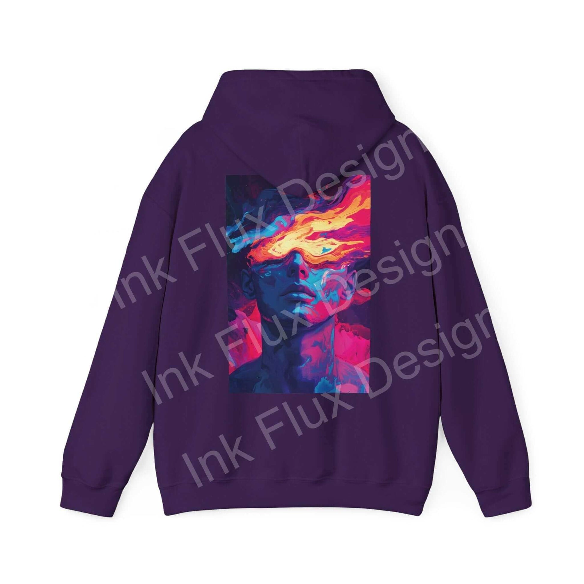 Back view of Dreamscape IV hooded sweatshirt featuring bold graphic design in vibrant colors on purple background, ideal for graphic hoodies lovers.