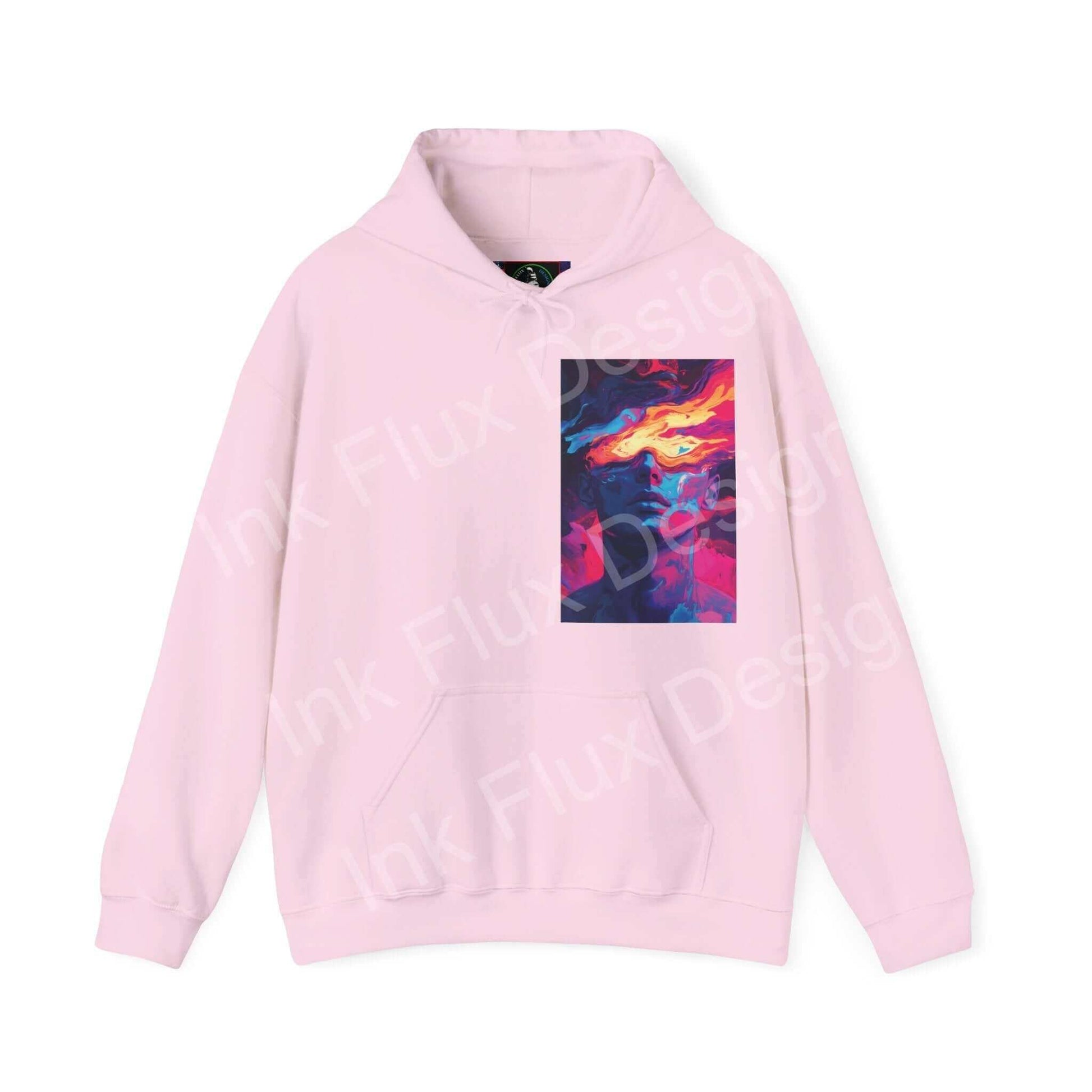 Pink Dreamscape IV hooded sweatshirt with bold graphic design on front, made from a soft cotton-polyester blend for comfort and style.